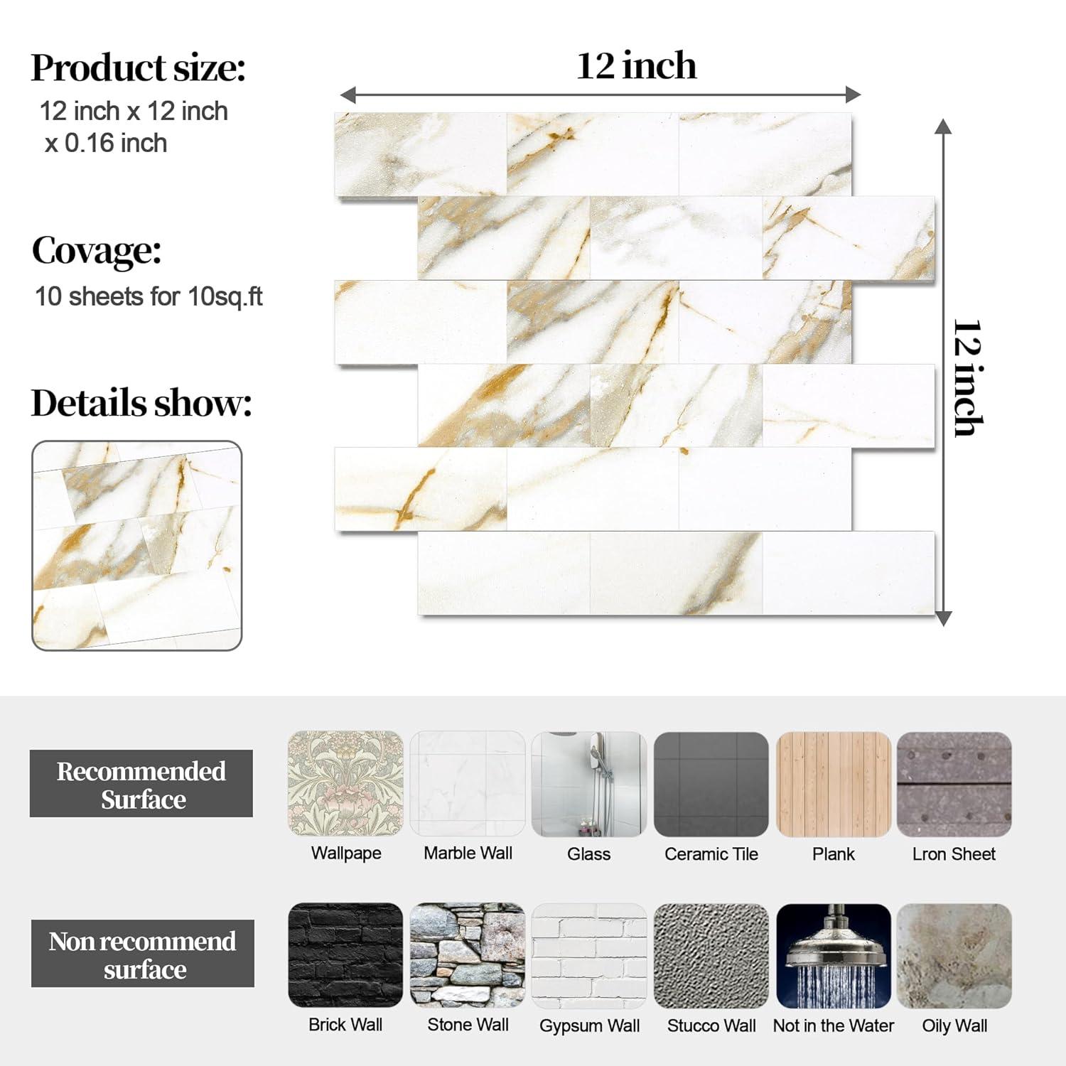 10-Pack Peel and Stick Tile Backsplash 12"X12" PVC Wall Tiles, Stick on Backsplash for Kitchen, Bathroom Tile, Fireplace Décor, Laundry Table, Stair Decals in Cala Golden