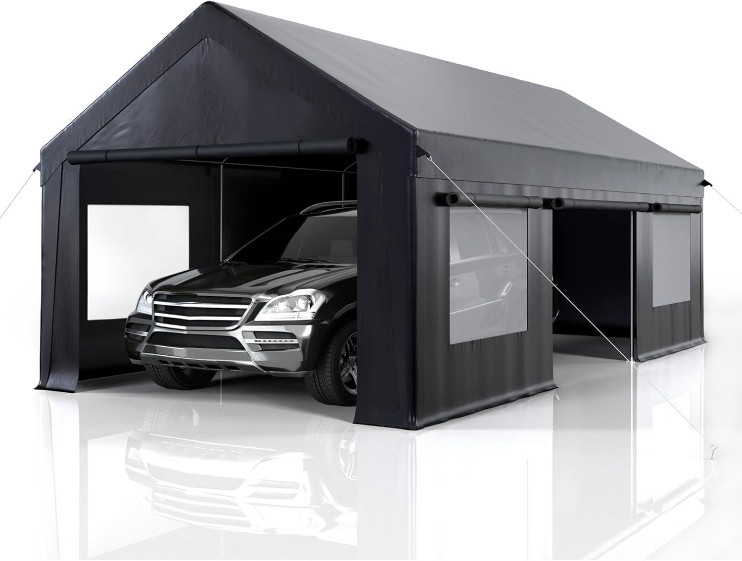 12' x 20' Black Metal Portable Carport with Windows