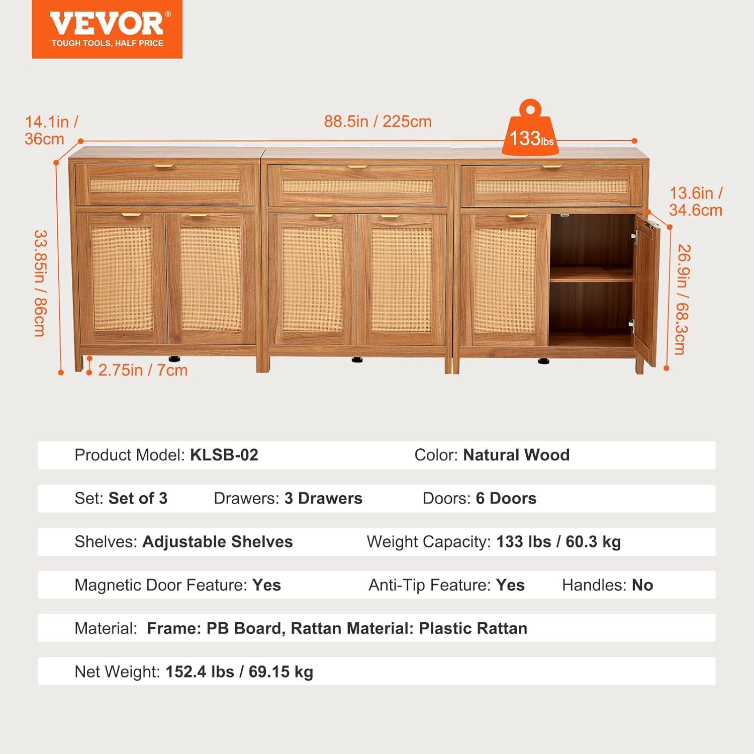 VEVOR Cabinet with 6 Doors 3 Drawers Adjustable Shelves Set of 3 Natural