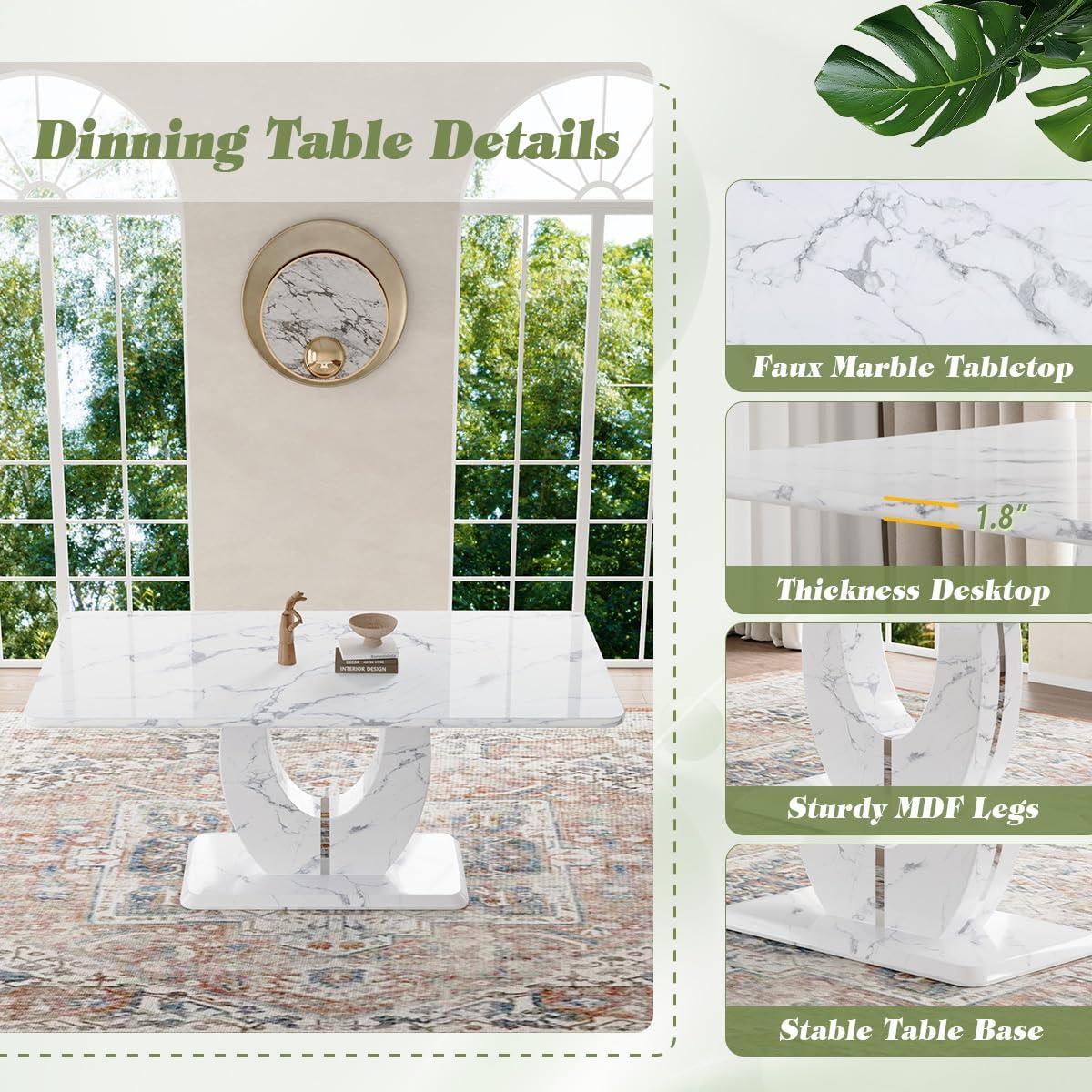 Modern White Faux Marble Dining Table Set with 6 Gray PU Leather Chairs