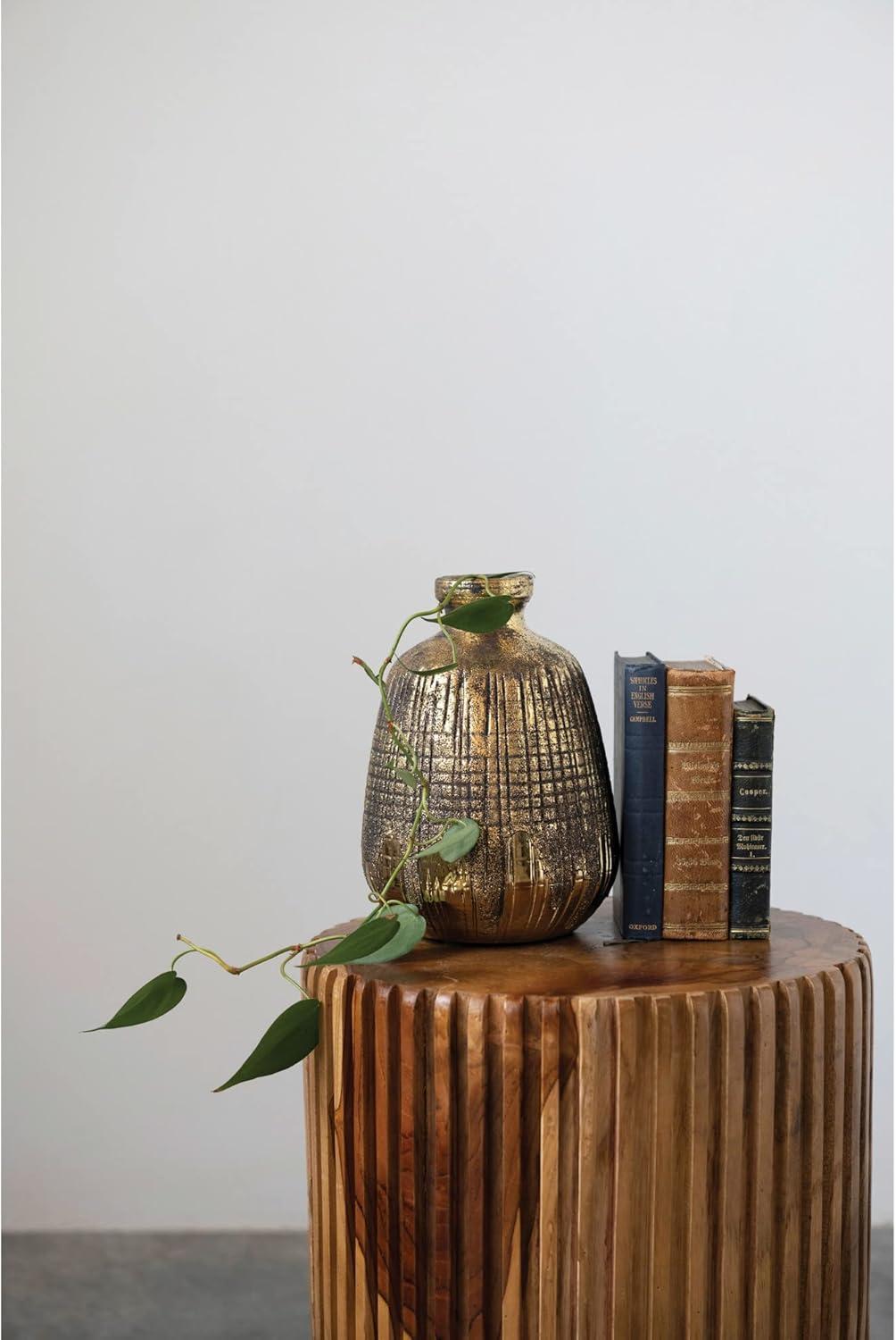 Creative Co-Op Textured Terra-cotta Vase with Lines, Gold Finish