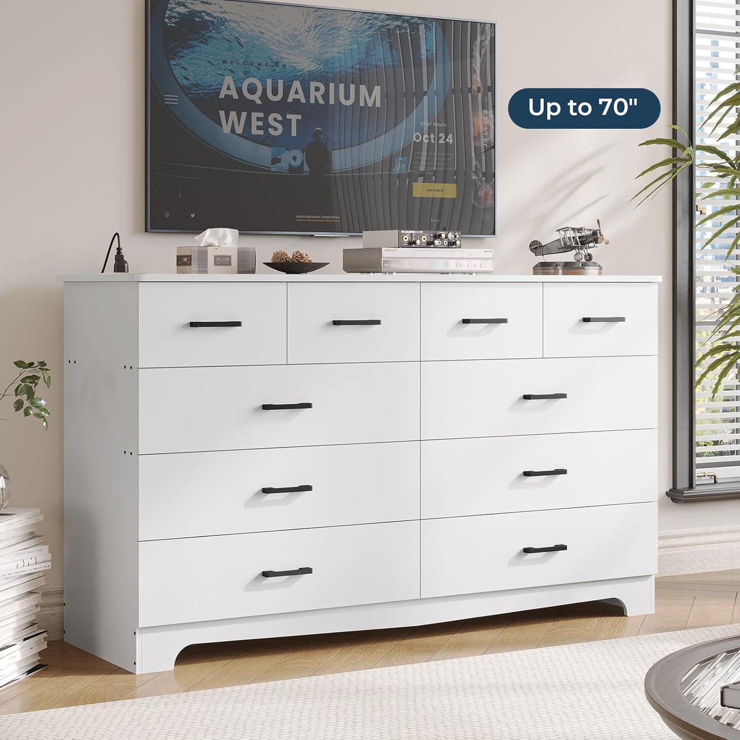 10 Drawers Dresser for Bedroom, Chest of Drawers with Charging Station, Bedroom Storage Organizer, White