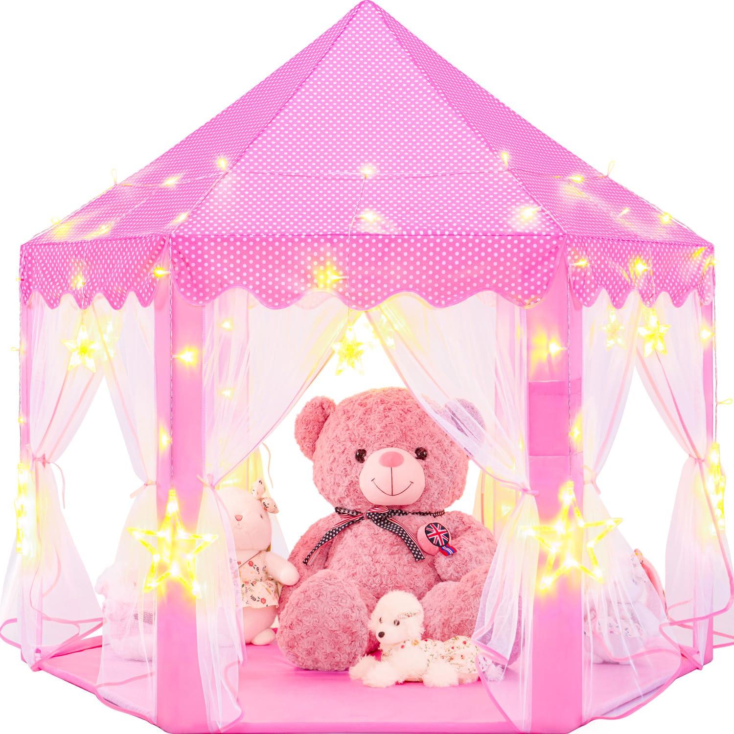 EVOIONOS Princess Tent for Girls, Kids Play Tent with LED Star Lights, Castle Playhouse for Children Indoor Outdoor Games, 55X53 inches, Pink