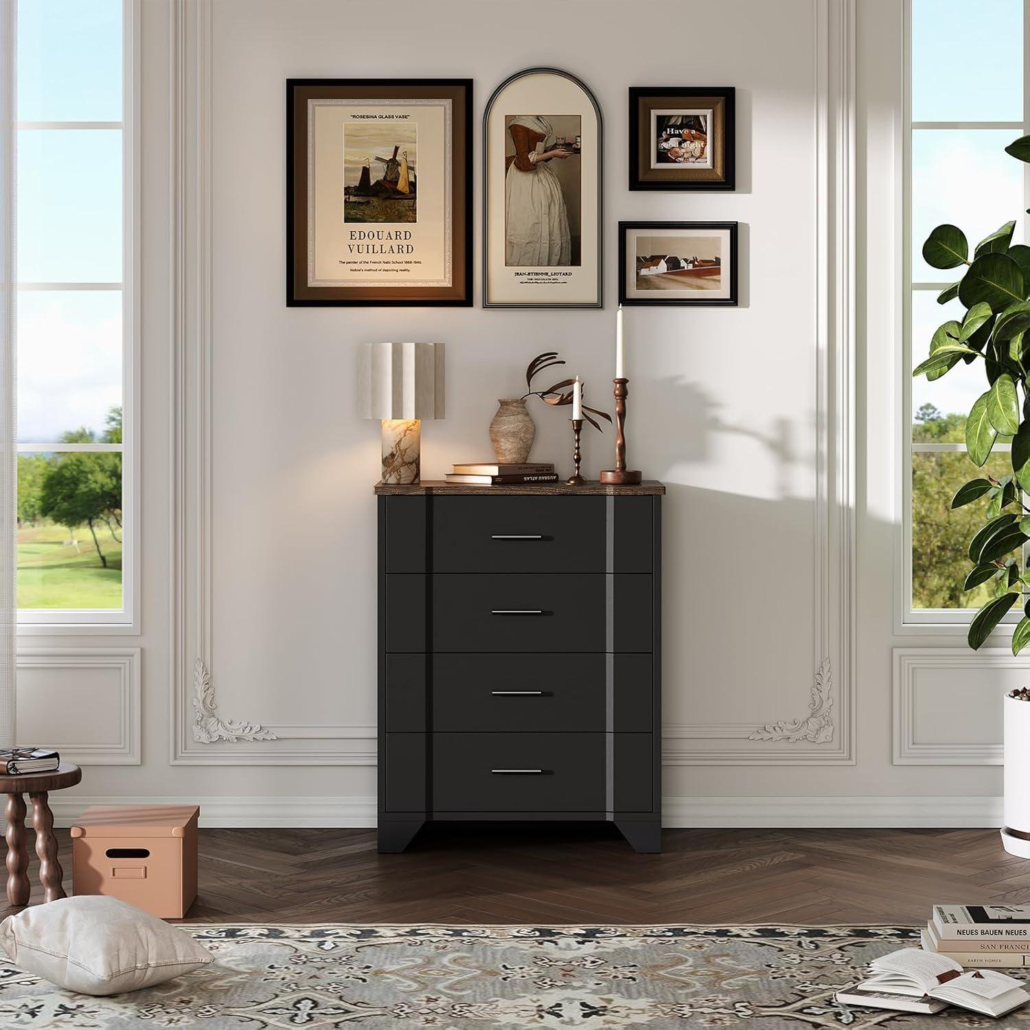 Ebern Designs Farmhouse Cherry Red Curved Tall 4 Drawers Dresser for Bedroom, 4 Chest of Drawers for Closet