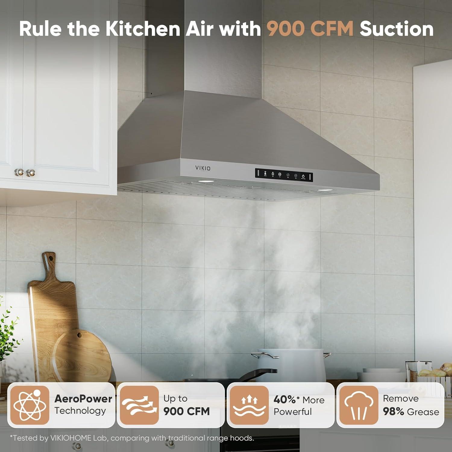 30 in. 900 CFM Convertible Wall Mount Range Hood in Stainless Steel with LED Lights, Carbon Filters and Touch, Gesture