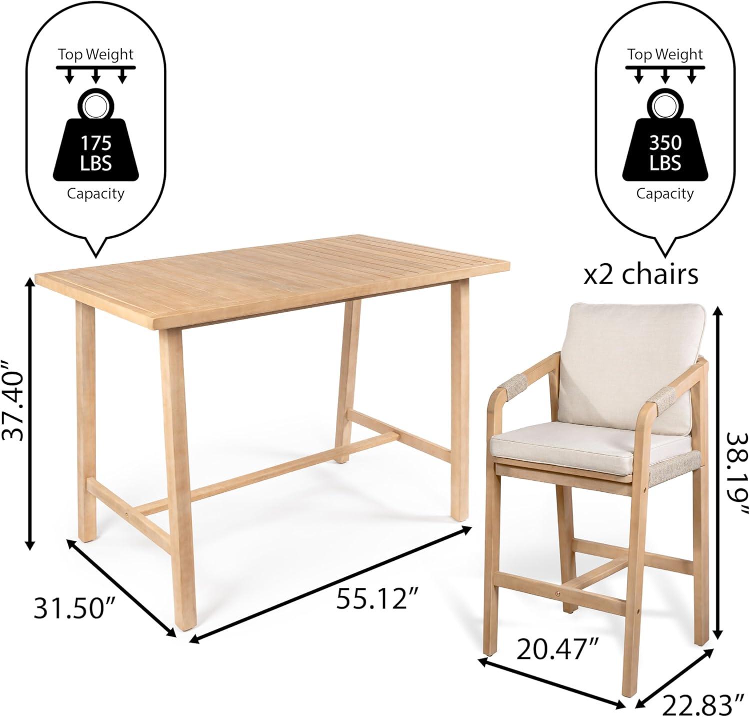 Porto Modern Coastal 3-Piece Acacia Wood Outdoor Bar Set with Cushions