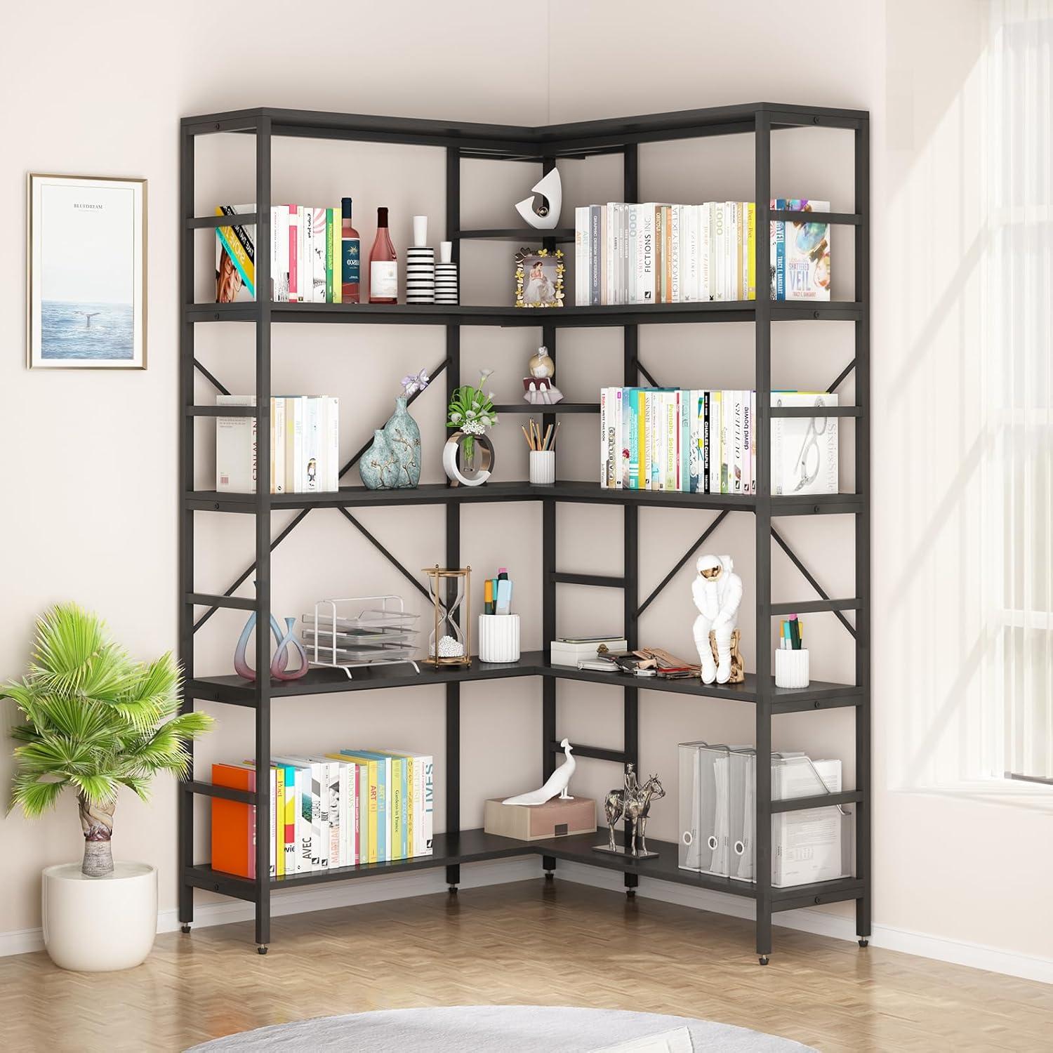 L-Shaped Corner Bookshelf, 5-Tier Industrial Bookcase with Heavy-Duty Metal Frame, Tall Storage Display Shelf for Bedroom, Living Room, and Home Office