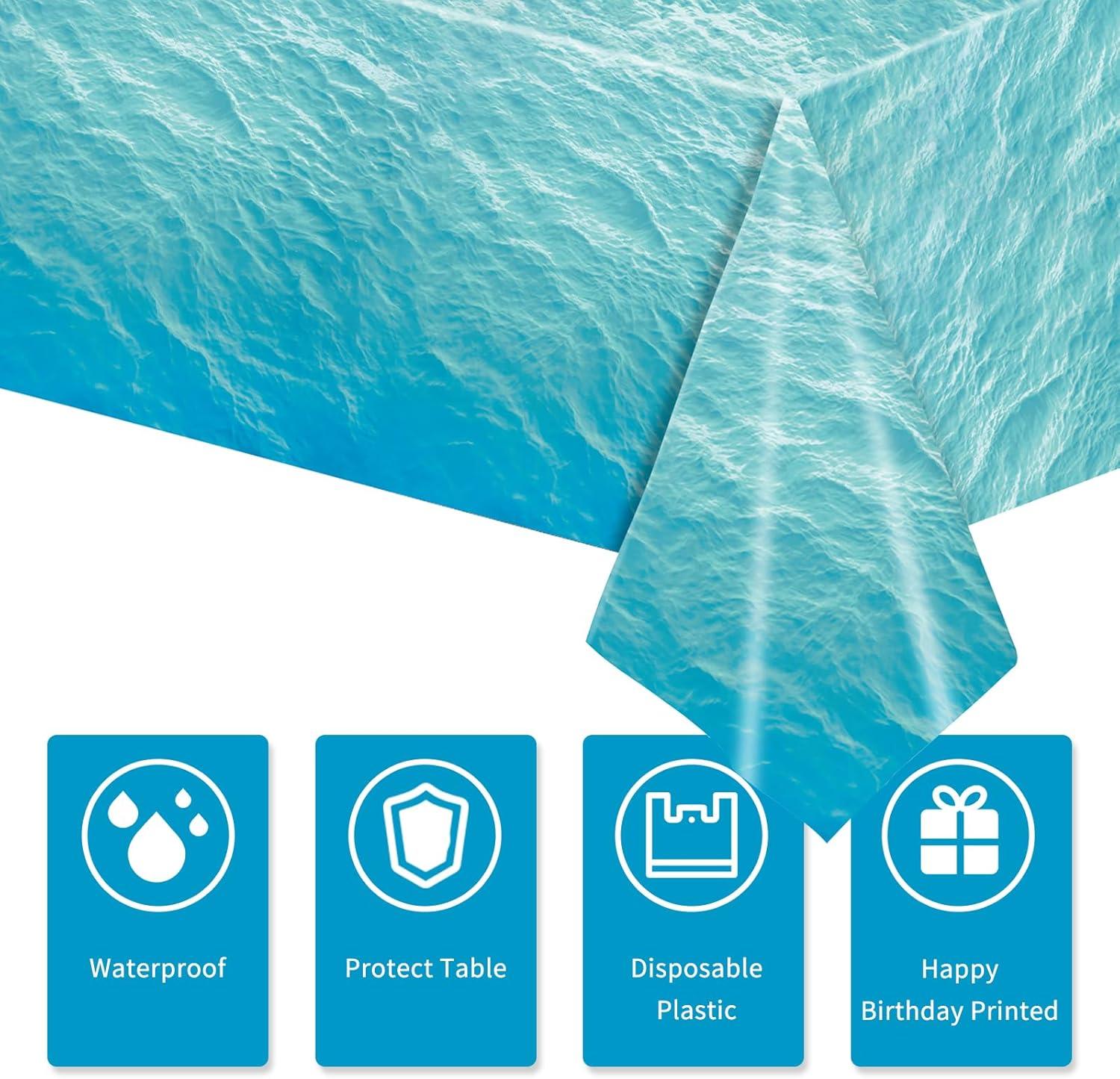 3-Piece 54 x 108 Inch Ocean Wave Plastic Tablecloth - Realistic Water Design, Disposable Rectangle Table Cover for Dining, Picnic, Beach Party, Sea Theme, Pool Party, Summer Indoor Outdoor Decoration