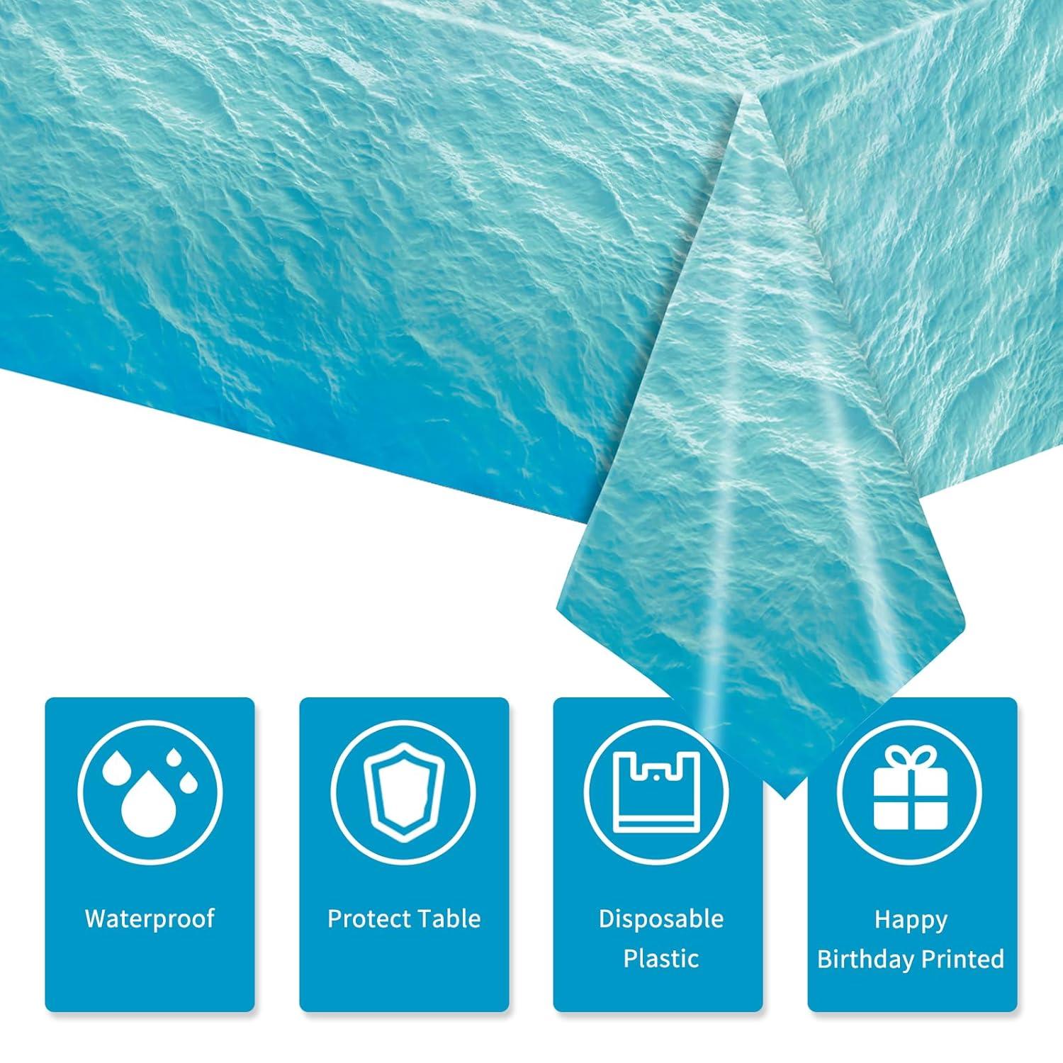 3-Piece 54 x 108 Inch Ocean Wave Plastic Tablecloth - Realistic Water Design, Disposable Rectangle Table Cover for Dining, Picnic, Beach Party, Sea Theme, Pool Party, Summer Indoor Outdoor Decoration