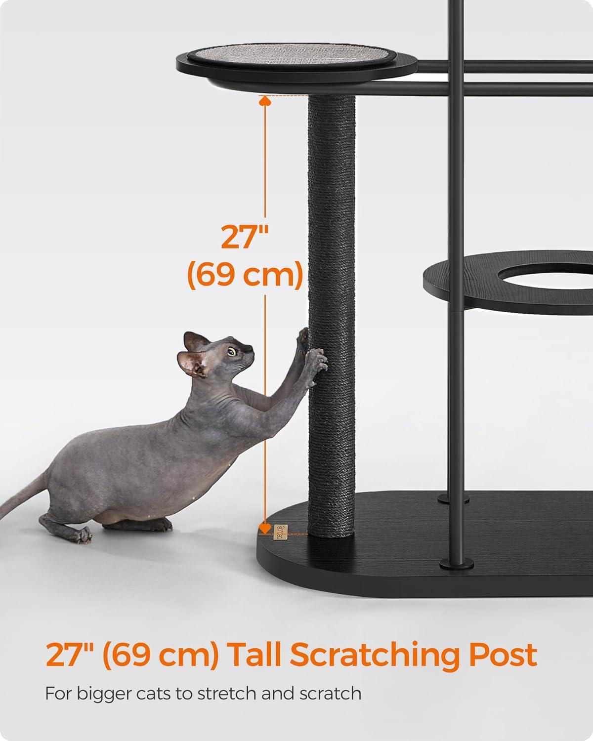 Modern Black and Gray Sisal Cat Tree with Cushioned Platforms