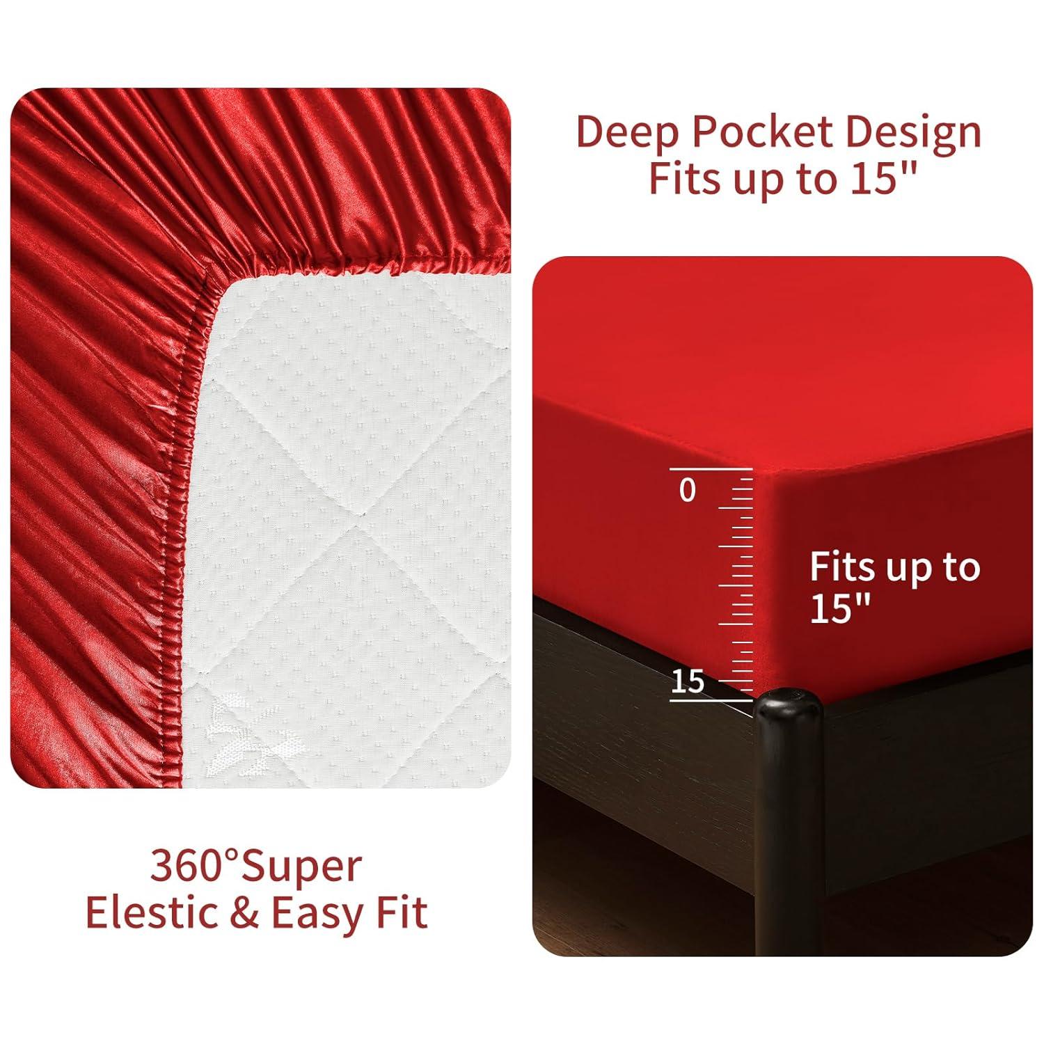 Cloud Fino Luxurious Satin Bed Sheets Burgundy Silk Sheets King 15 " Deep Pocket Pillowcases Sheet, 4-Piece