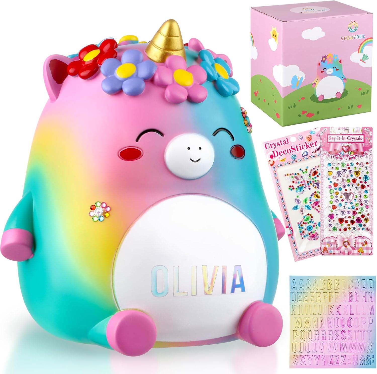 Unicorn Piggy Bank Girls – Cute Rainbow Kids Piggy Bank for Girls, Personalized Unbreakable Resin Coin Money Bank for Kids with Stickers for Toddlers