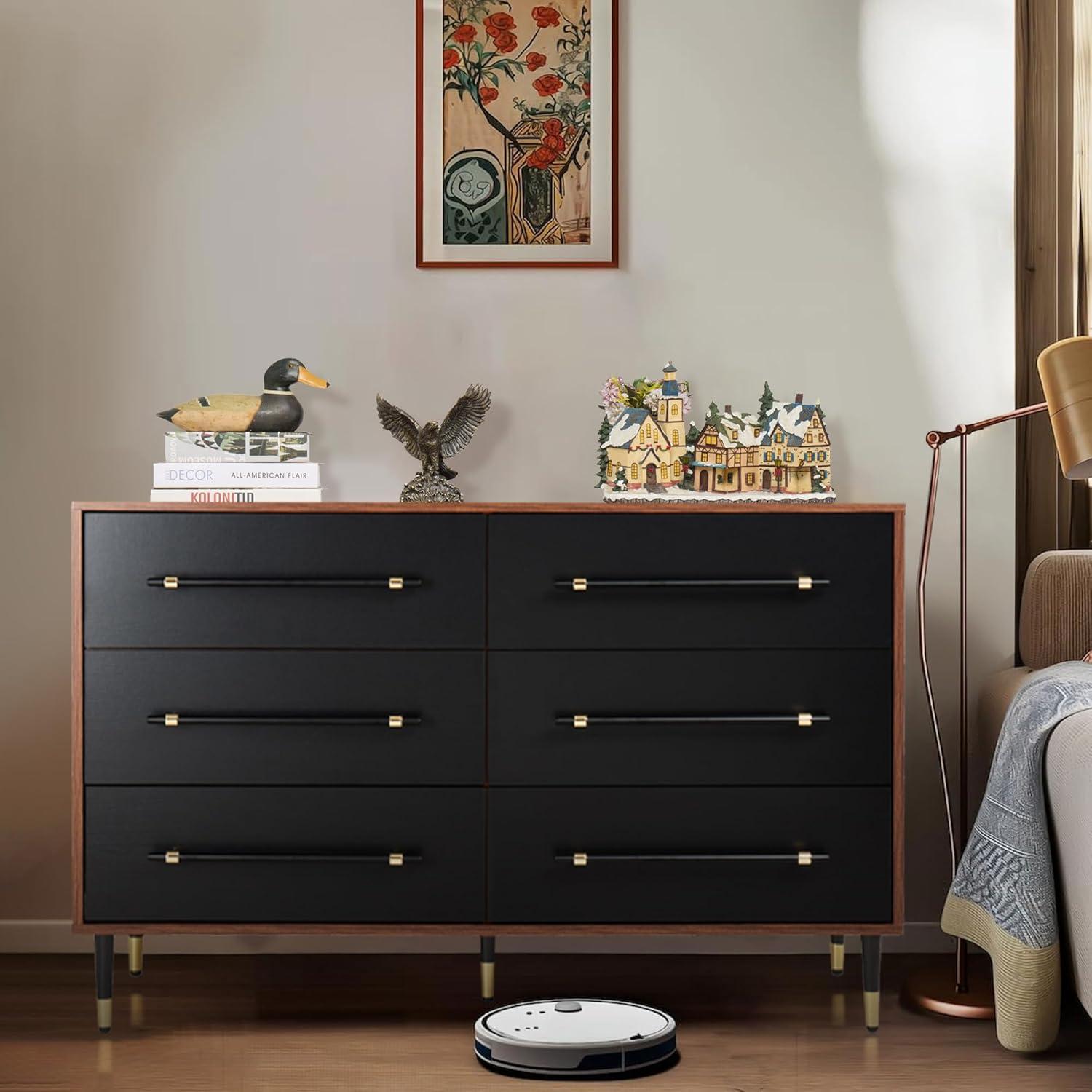 Finnhomy 6 Drawer Dresser for Bedroom, Mid Century Modern Dressers with Black Drawers, Wood Gold Dresser & Chest of Drawer with Wide Metal Handle Wooden Dresser for Bedroom/Living Room/Hallway