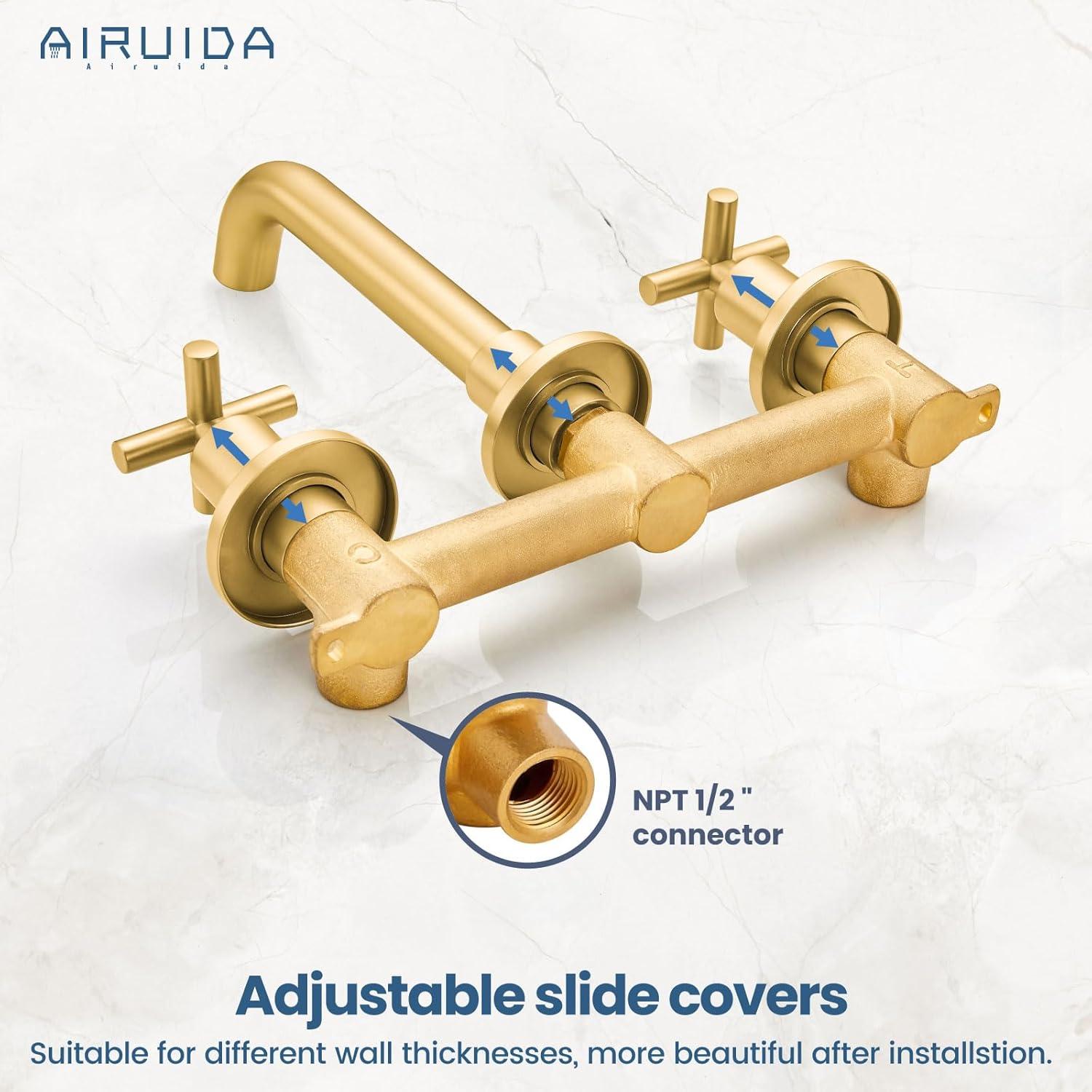 Brushed Gold Wall Mounted Bathroom Faucet with Dual Cross Handles