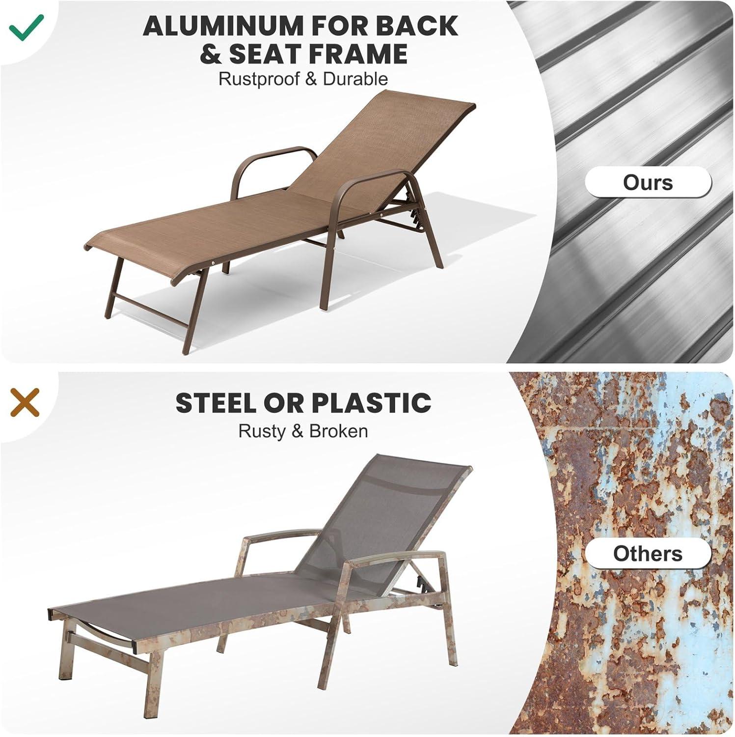 Crestlive Products Set of 2 Aluminum Patio Chaise Lounge Chairs Outdoor Recliners, Brown