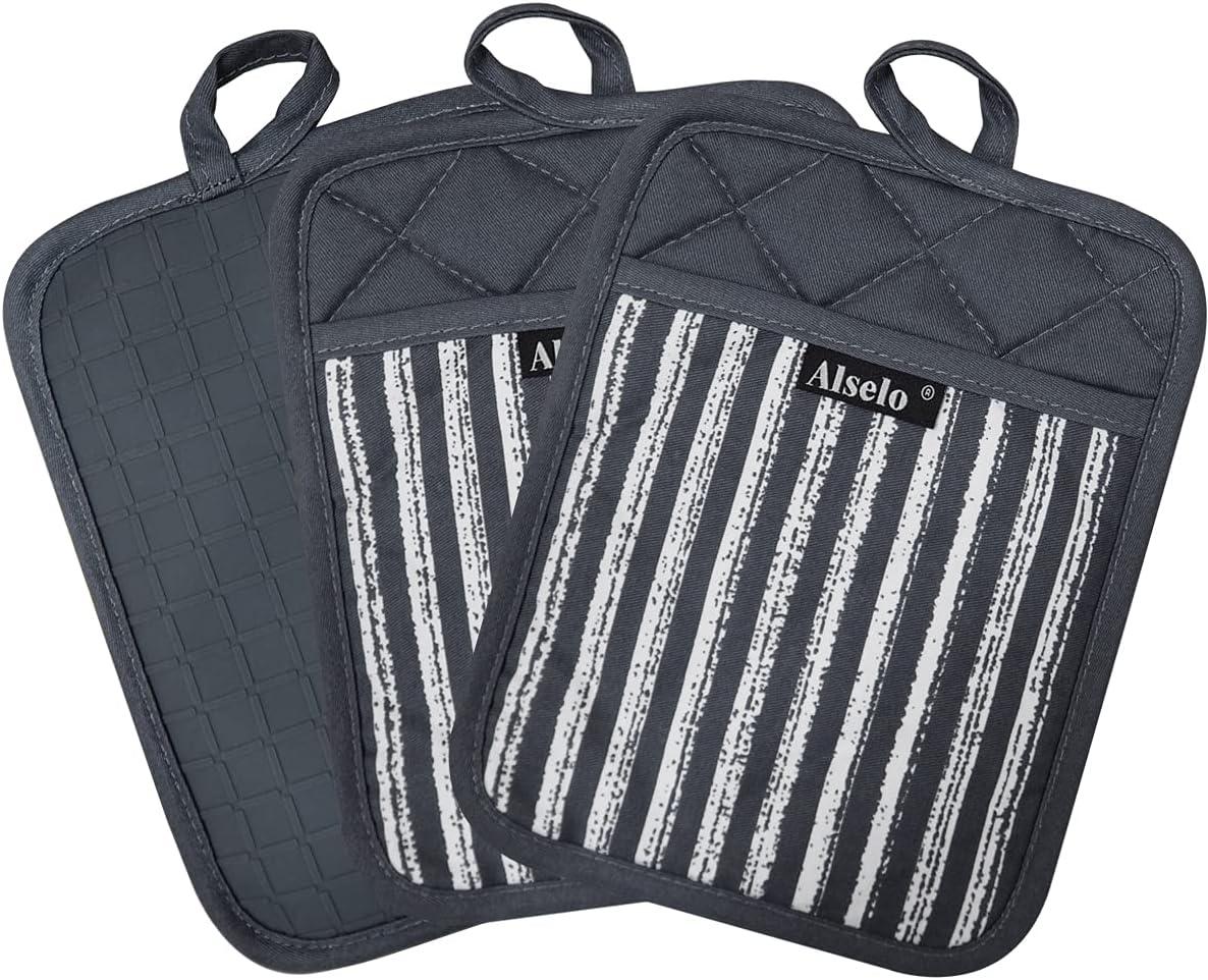 Silicone Pot Holders Set of 3 Heat Resistant & Non Slip Potholders, Professional Oven Hot Pads with Pockets Mitts for Kitchen Cooking Baking Barbecue