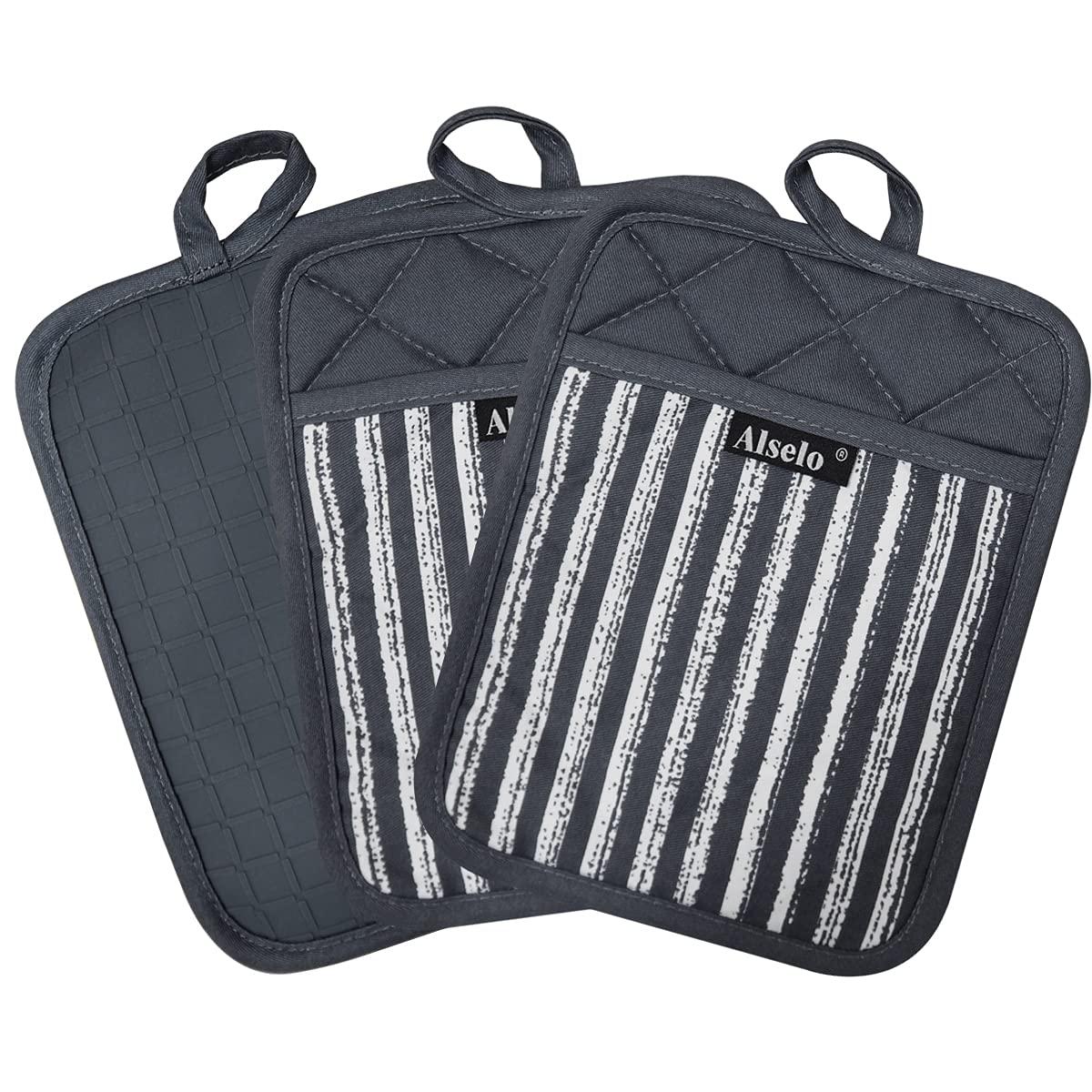 Silicone Pot Holders Set of 3 Heat Resistant & Non Slip Potholders, Professional Oven Hot Pads with Pockets Mitts for Kitchen Cooking Baking Barbecue