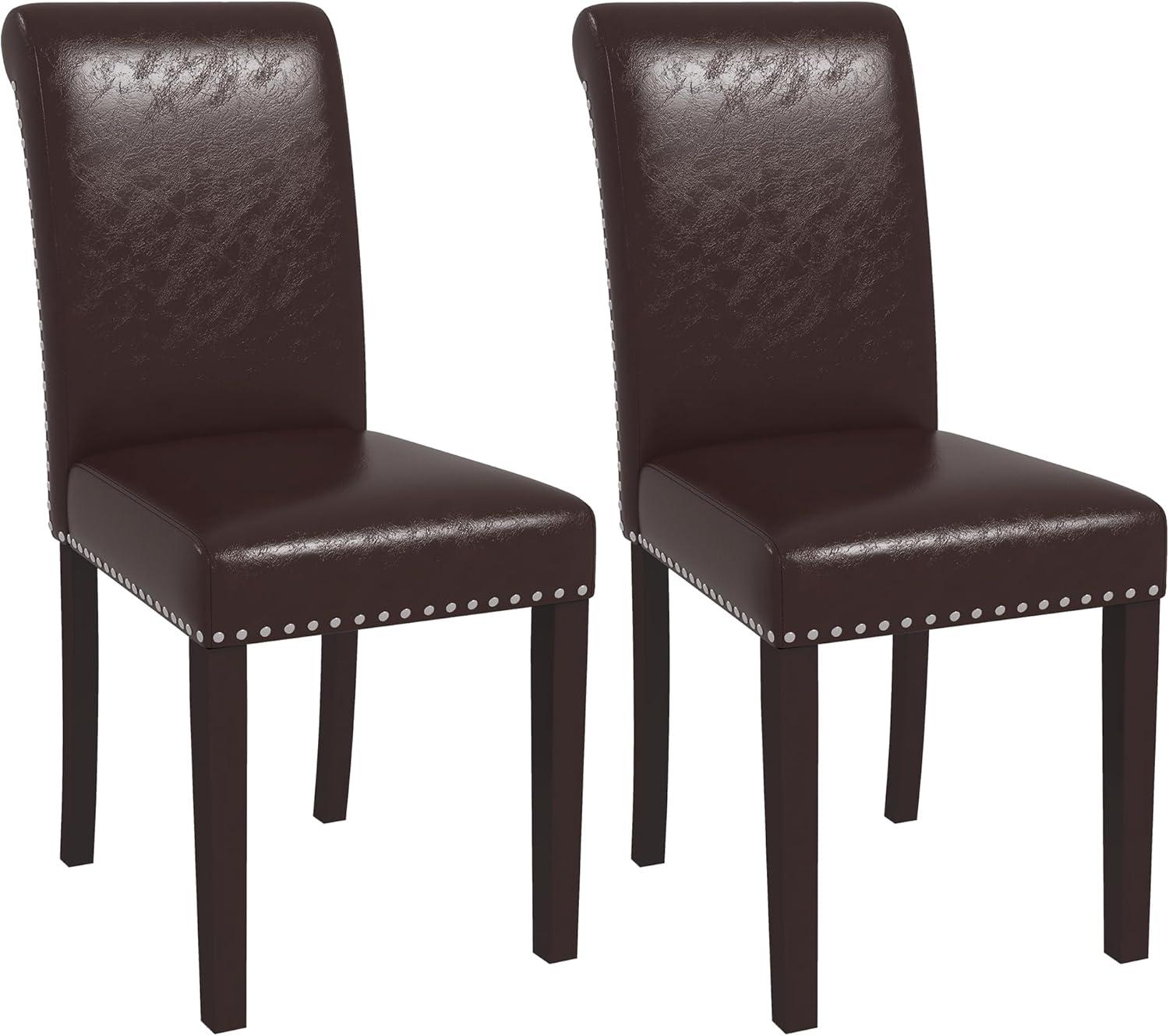 Colamy Black Upholstered Wood Legs Parsons Leather Dining Chairs with Nail head Trim Set of 2 for Dining Room