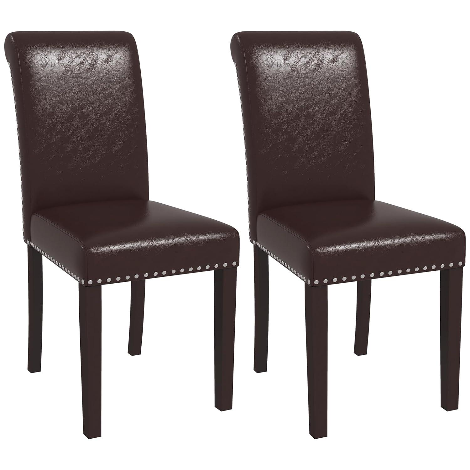 Colamy Black Upholstered Wood Legs Parsons Leather Dining Chairs with Nail head Trim Set of 2 for Dining Room
