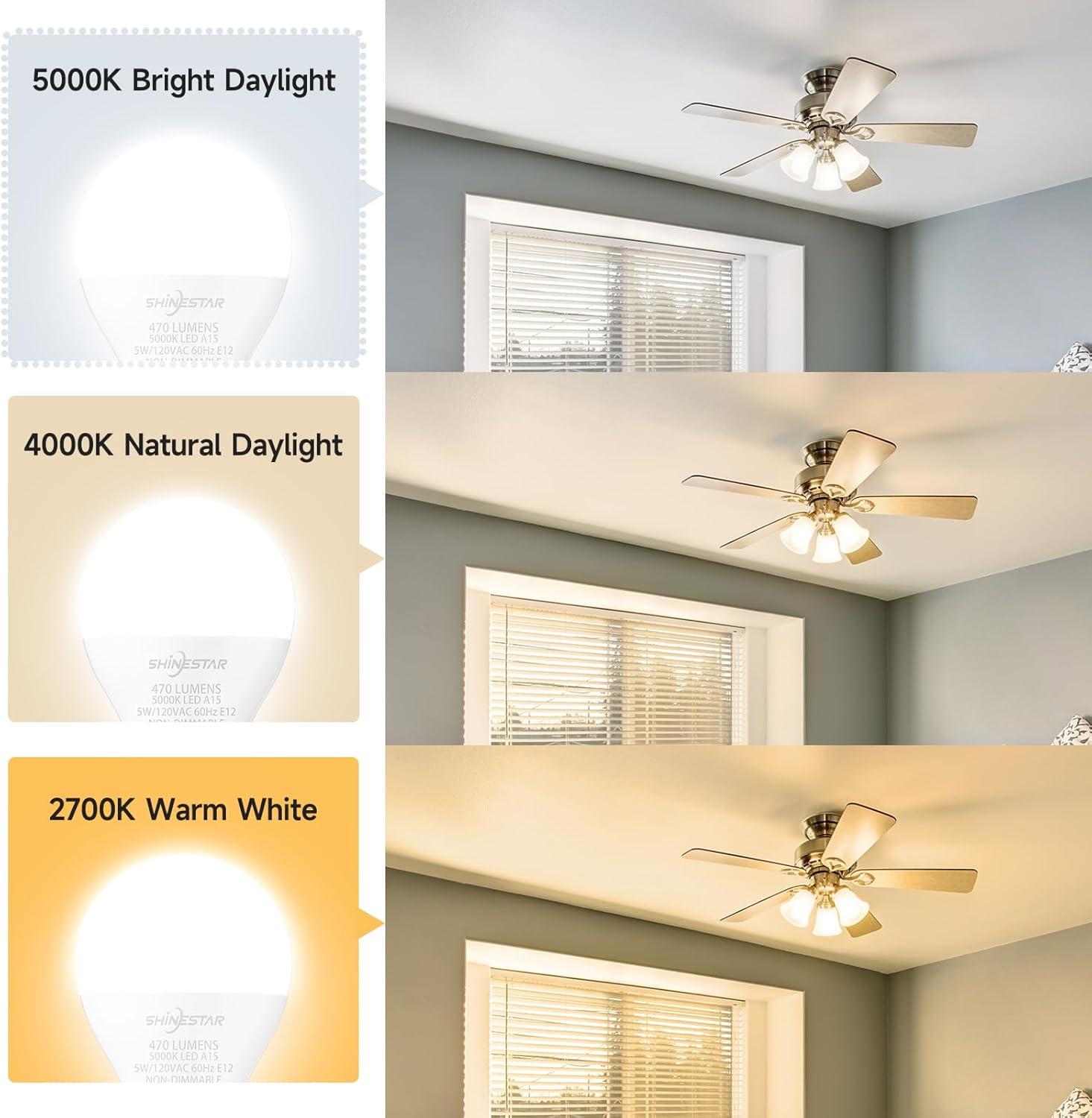 12 Pack A15 Ceiling Fan Light Bulbs 40W 5000K Daylight LED E12 Candelabra Small Base Light Bulbs, Non-Dimmable