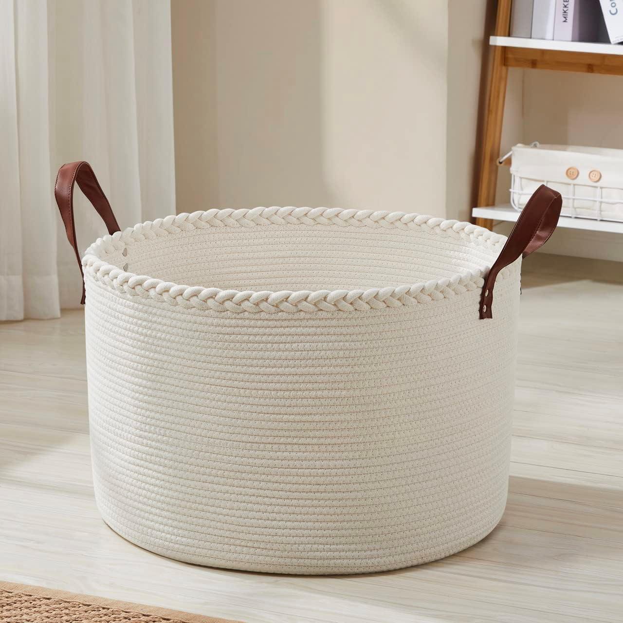 Extra Large Cream Cotton Rope Laundry Hamper with Leather Handles