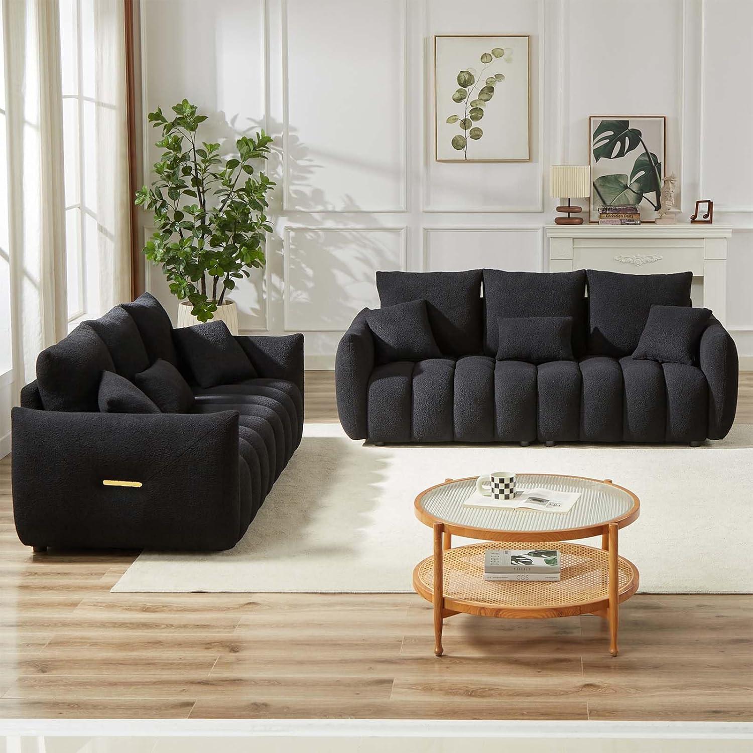 82'' Black Velvet Upholstered Modern Sofa with Pillows