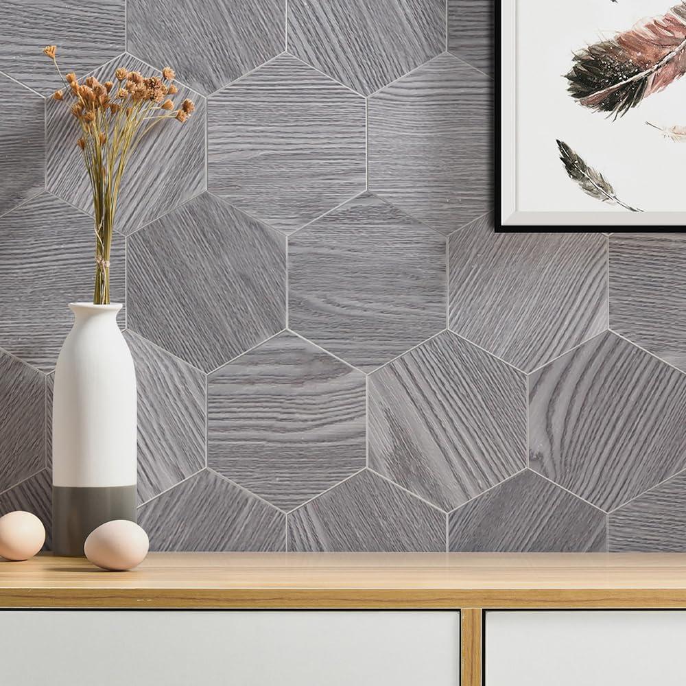 Gray Hexagon Peel and Stick Resin Wall Tiles