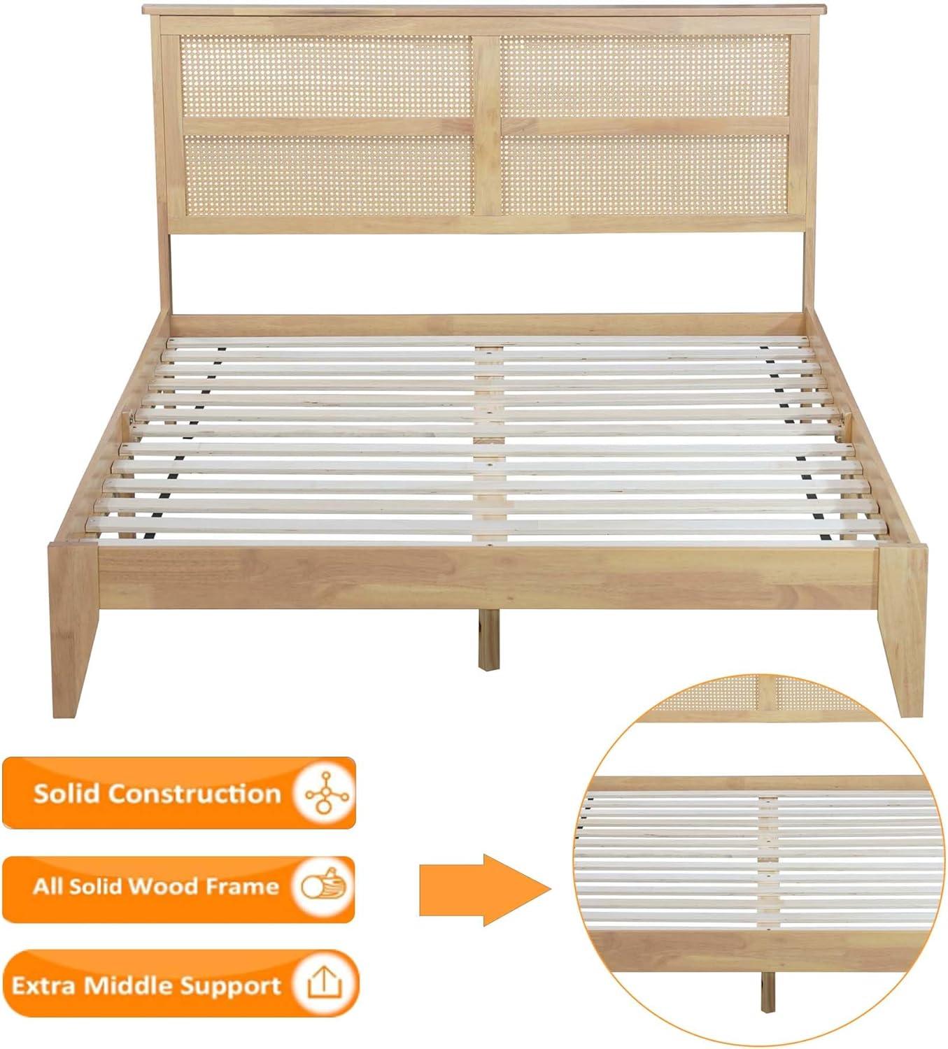 Natural Queen Wood Bed Frame with Rattan Headboard and Storage