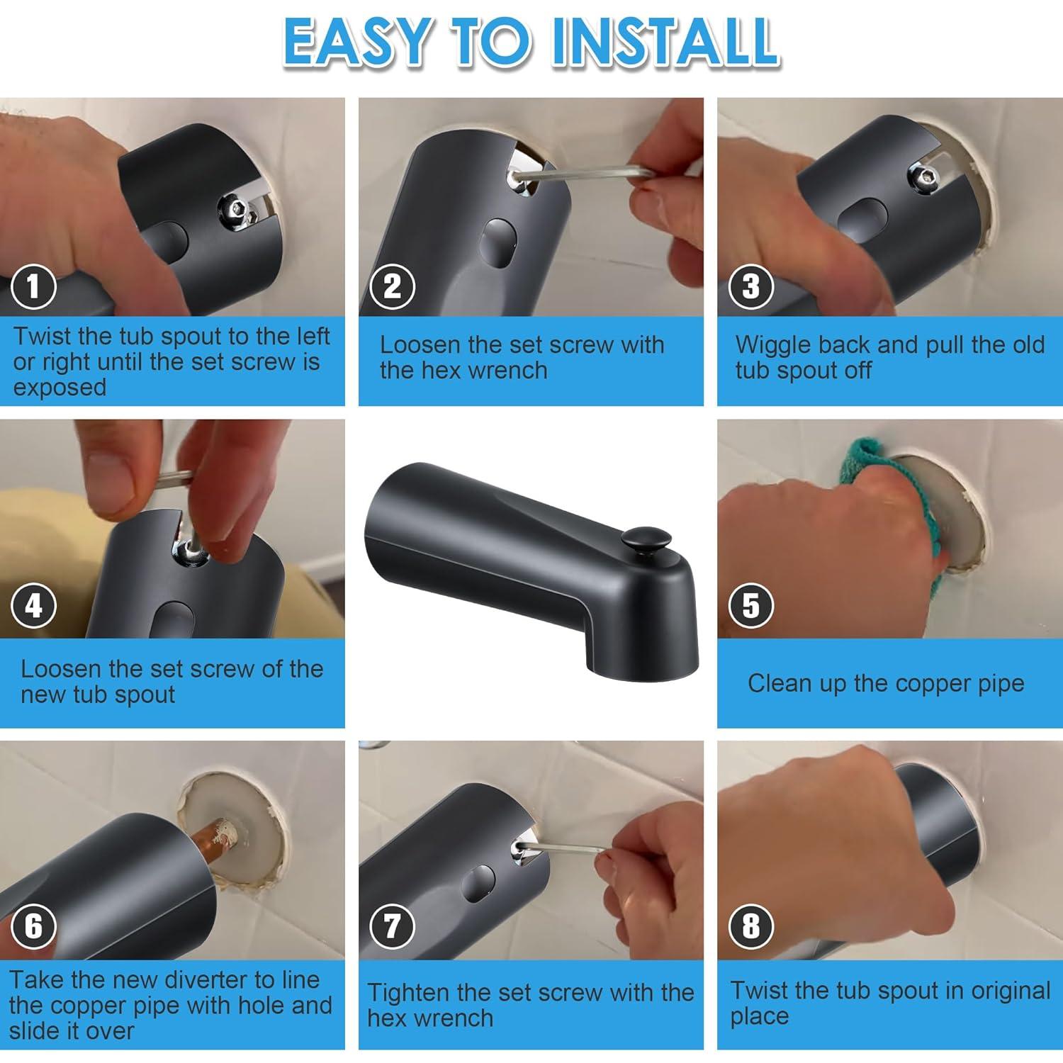 Enhon 7 Inch Slip on Tub Spout with Diverter, Compatible with Moen 3839/Moen 3853, Bathtub Diverter Spout Fits 1/2" Copper Water Tube(5/8" Diameter), 5/32" Hex Wrench(Matte Black,Classic)