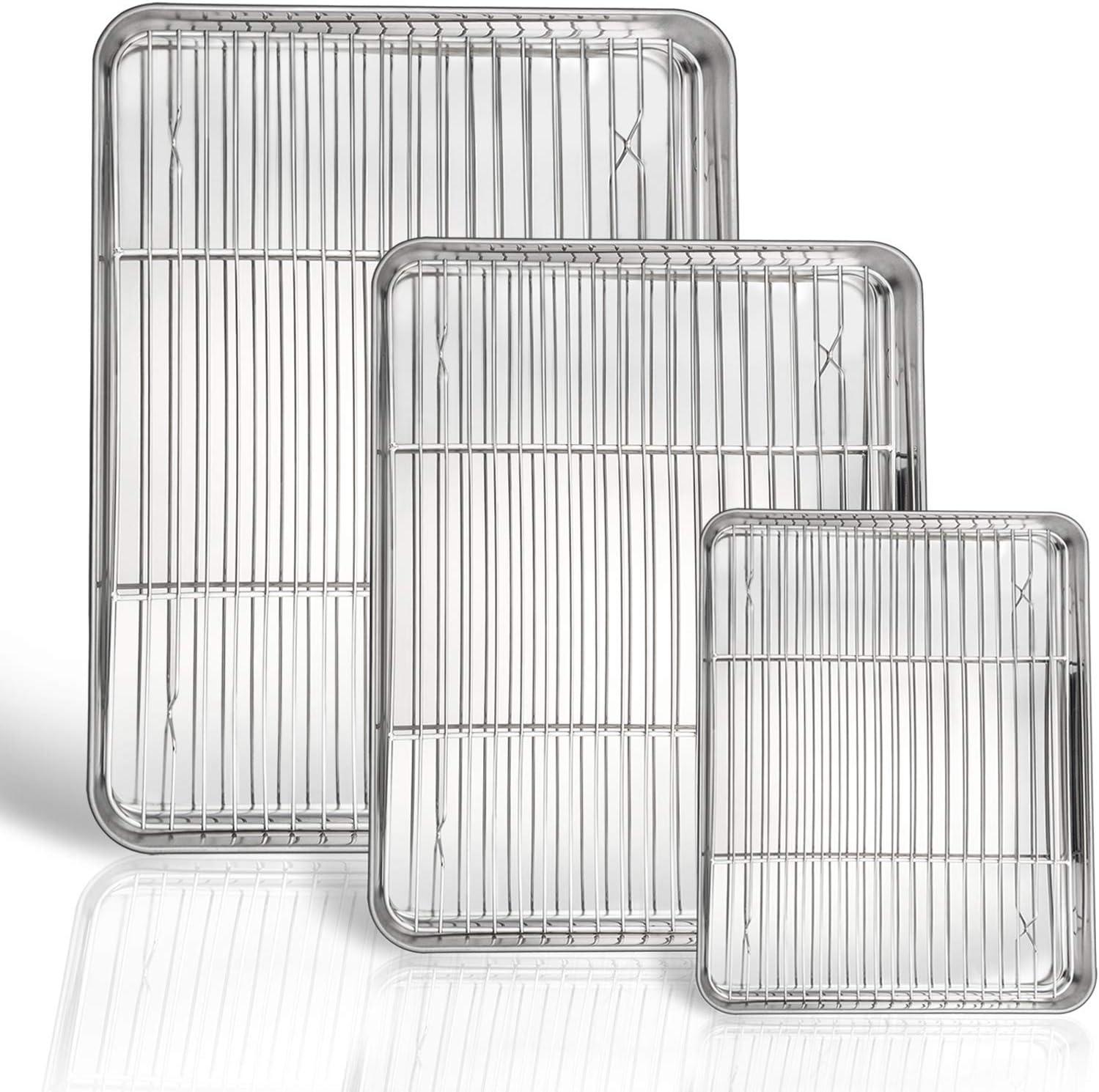 P&P CHEF Baking Sheet and Rack Set, 6 PACK (3 Sheets 3 Racks), Stainless Steel Baking Cookie Sheets Pans with Cooling Rack for Baking and Roasting, Oven & Dishwasher Safe 16"+12.5"+9" (3 Pans+3 Racks)