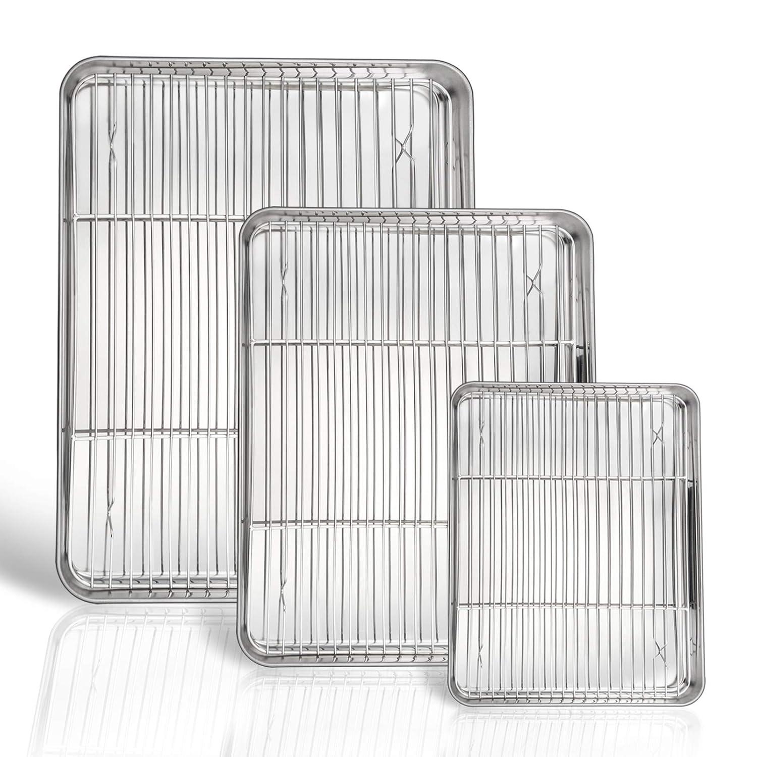 P&P CHEF Baking Sheet and Rack Set, 6 PACK (3 Sheets 3 Racks), Stainless Steel Baking Cookie Sheets Pans with Cooling Rack for Baking and Roasting, Oven & Dishwasher Safe 16"+12.5"+9" (3 Pans+3 Racks)