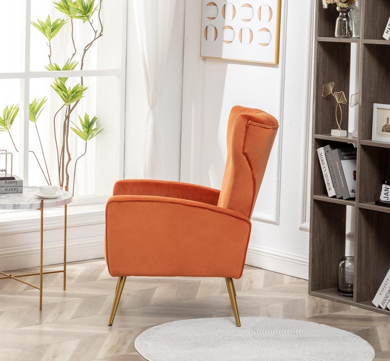 Orange Red Velvet Barrel Armchair with Wood Frame