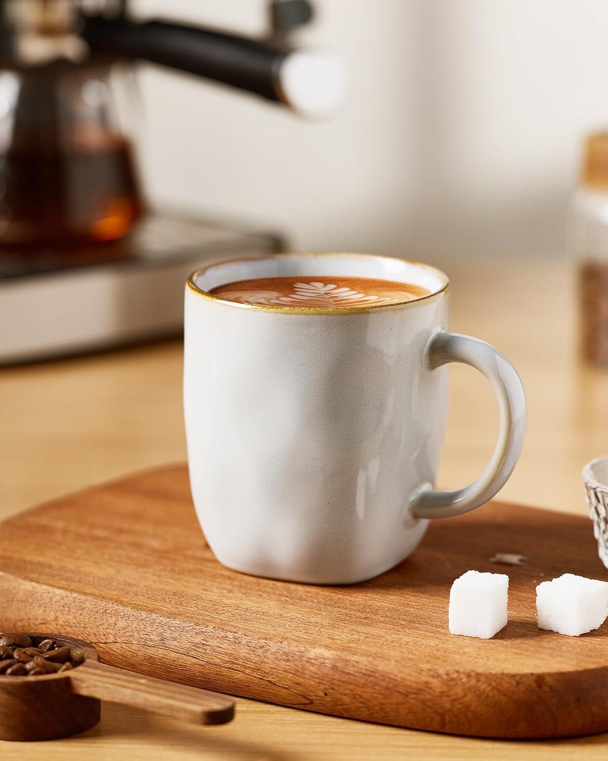 FAST APPLIANCES LLC Coffee Mugs Set Of 4, Ocean Square 13Oz Coffee Cup Set With Handle For Cocoa, Milk, Hot Chocolate, Tea, Water, Stoneware Cups For Kitchen, Microwave And Dishwasher Safe, Vanilla White