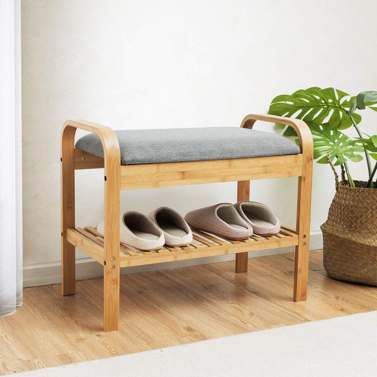 Giantex Small Entryway Bench with Storage, 2-Tier Bamboo Shoe Rack Bench with Flip Top Storage Space and Padded Cushion, Shoe Organizer for Entryway, Living Room, Hallway, Bedroom,Natural