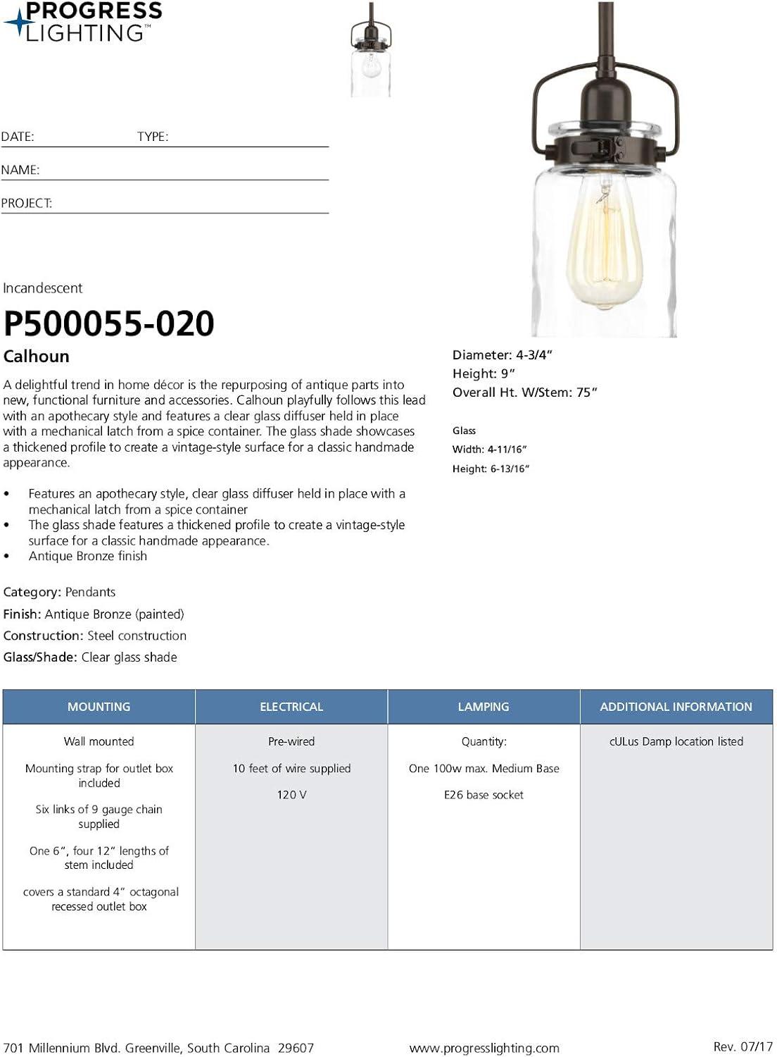 Progress Lighting Calhoun 1-Light Pendant, Antique Bronze, Parchment-Finish Glass Shade