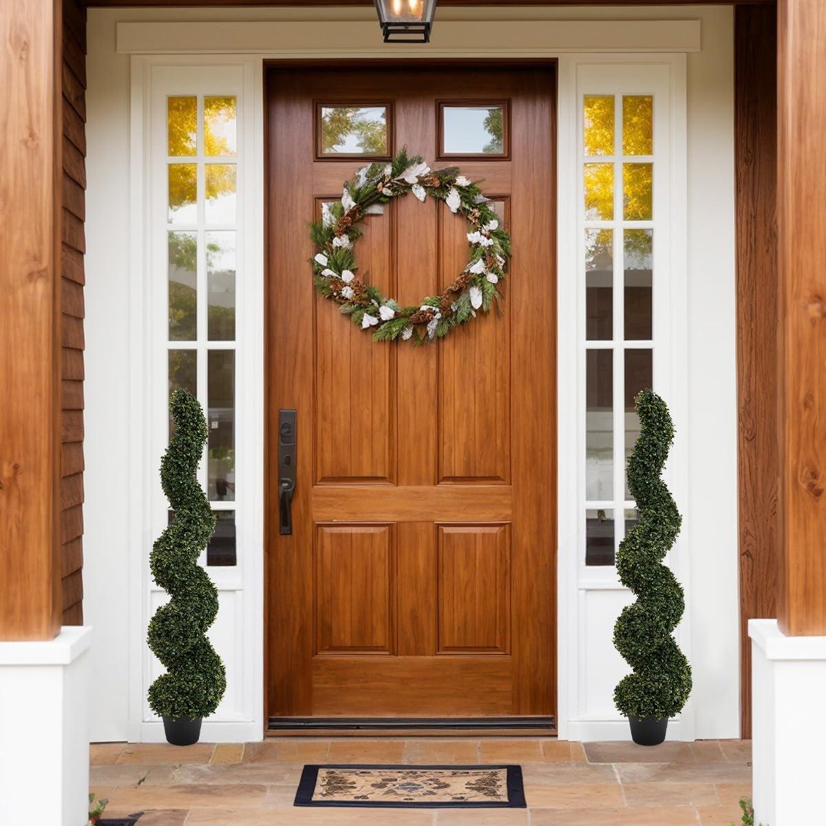 Goplus 4FT Artificial Spiral Boxwood Topiary Tree, 2 Pack Greenery Large Faux Plant in Cement-Filled Plastic Pot, Tall Fake Plant for Indoor Outdoor Home Front Porch Decor