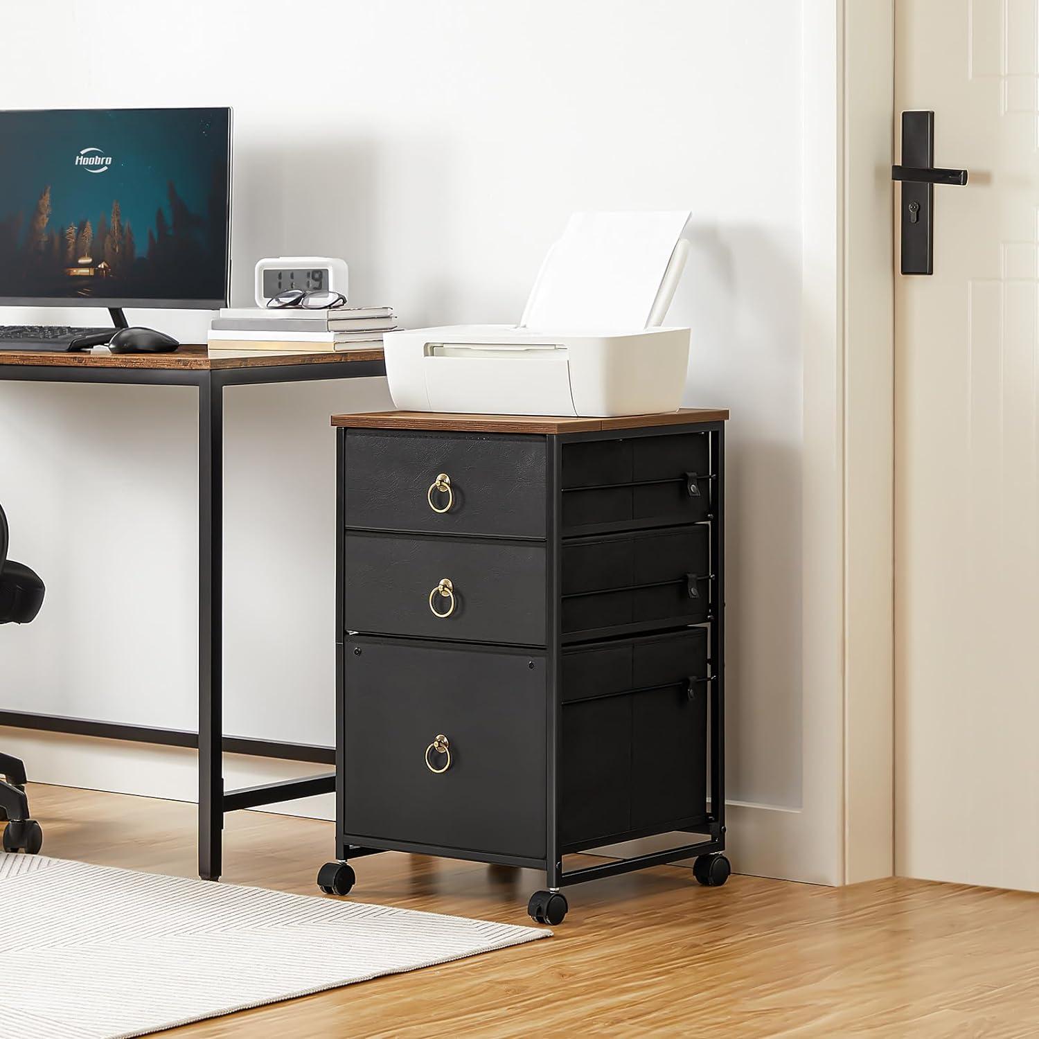 Rustic Brown and Black 3-Drawer Mobile Lockable Filing Cabinet