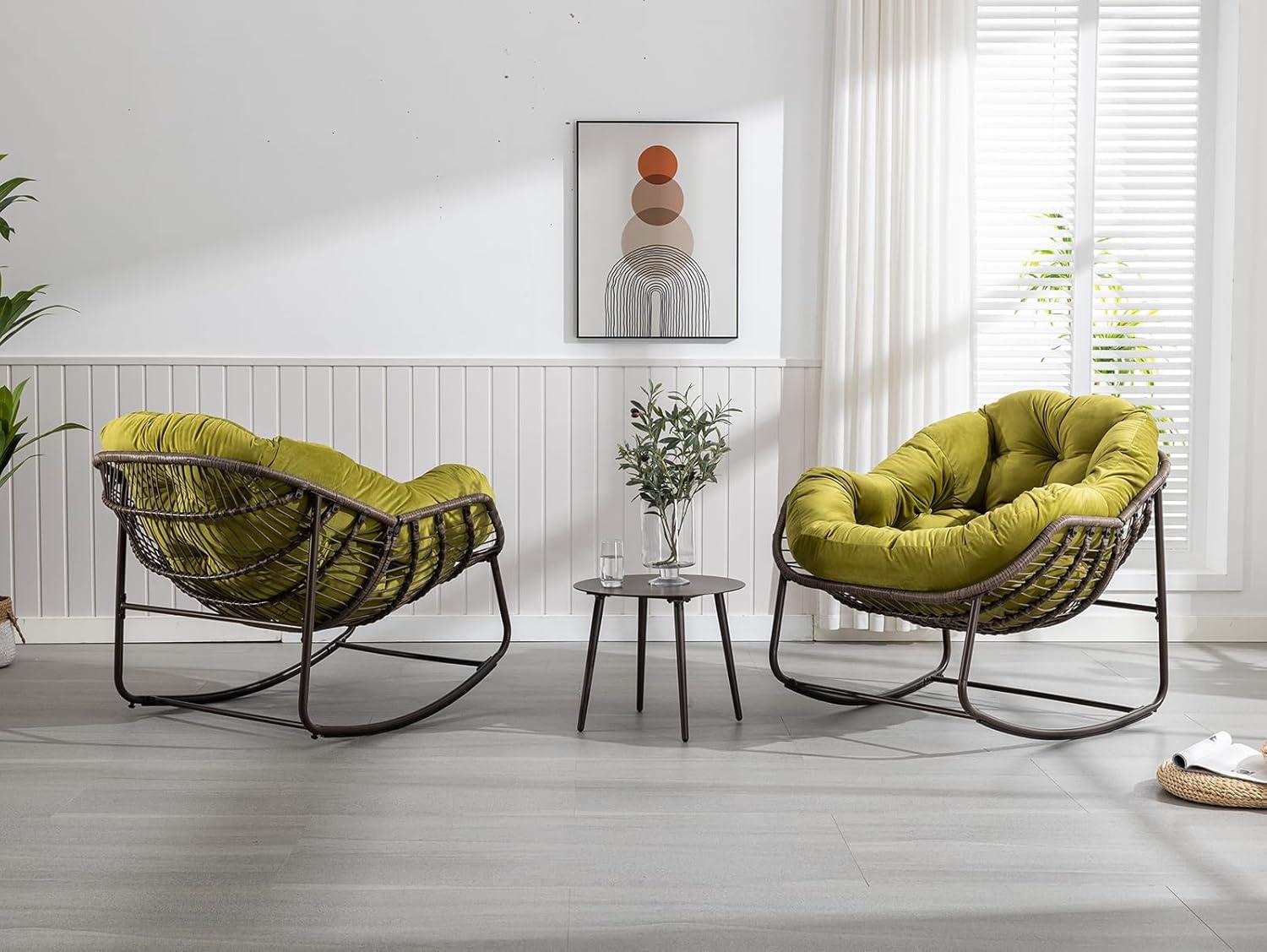 KINFFICT Outdoor Rocking Chair,Oversized Rattan Egg Chair,Indoor Outside Padded Cushion Rocker Recliner Chair,Modern Lounge Chair for Front Porch,Garden,Backyard,Balcony,Deck,Olive Green,Set of 1