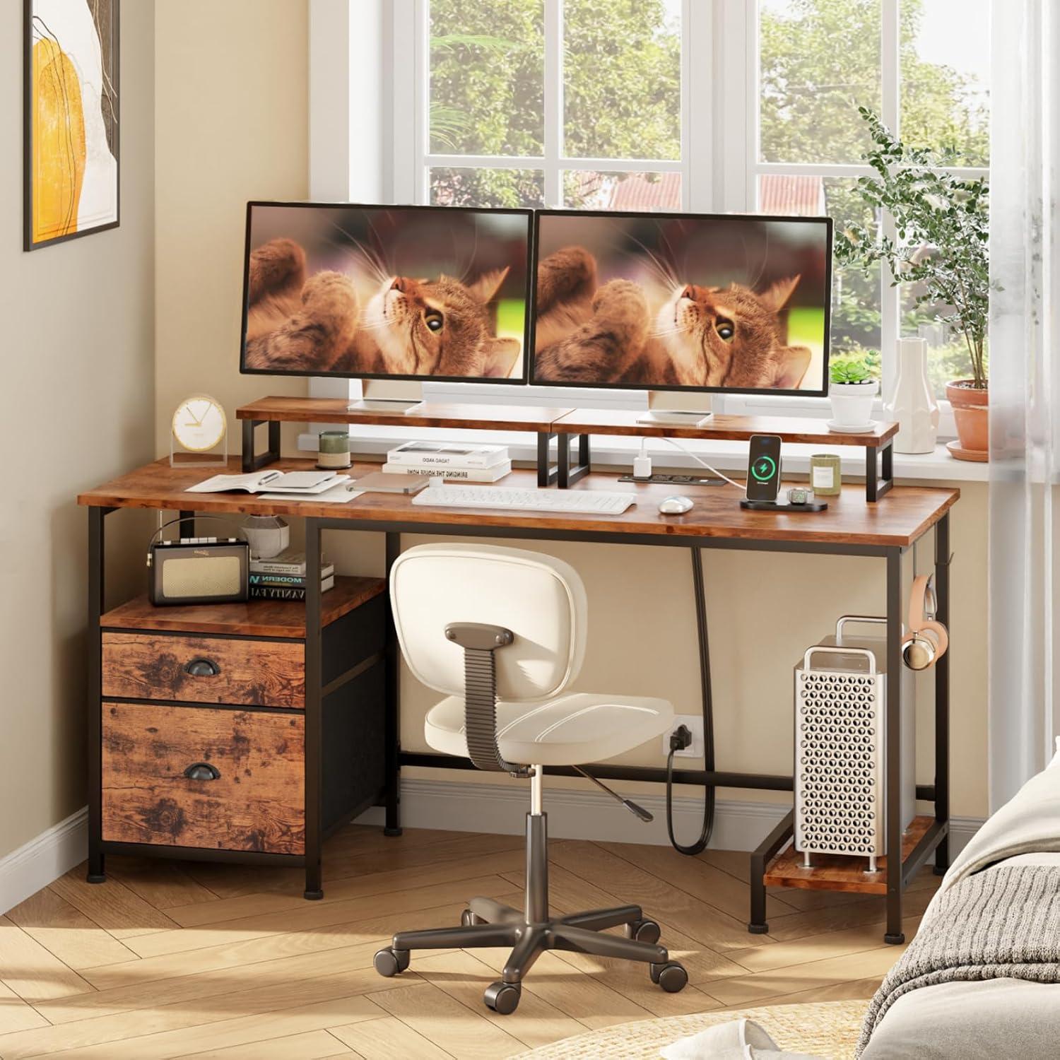 Rustic Brown Computer Desk with Drawer and Power Outlets