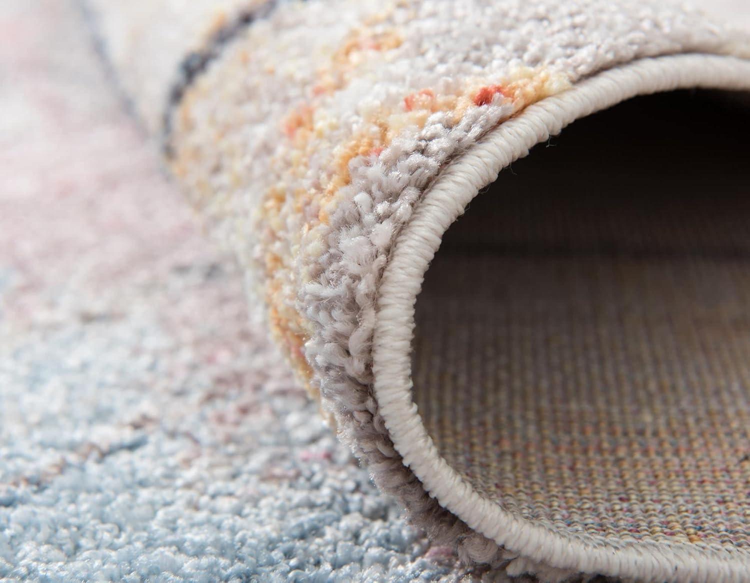 White Geometric Round Shag Rug with Multicolor Accents