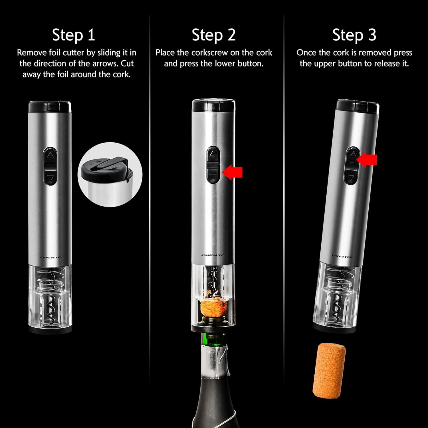OVENTE Electric Stainless Steel Wine Bottle Opener, Foil Cutter, Perfect for Travel, Silver WO1381S