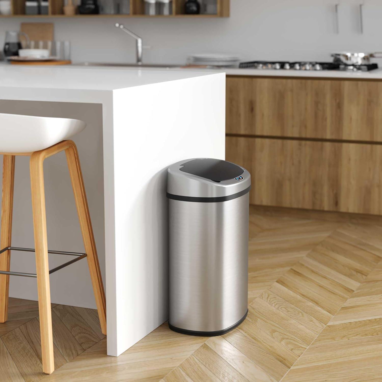 13 Gallon Kitchen Trash Can with Lid and Odor Filter, AC Adapter Included, Motion Sensor Stainless Steel Oval Garbage Bin for Home Office Work Bedroom Living Room Slim Wastebasket