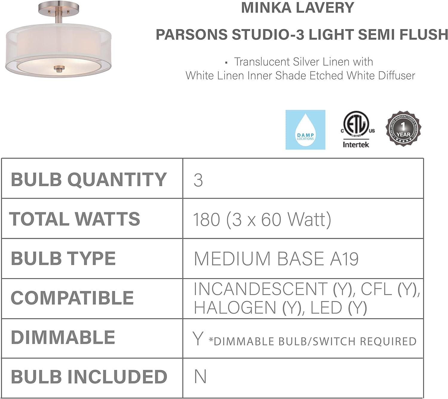 Minka Lavery - Parsons Studio - 3 Light Semi-Flush Mount in Transitional Style -