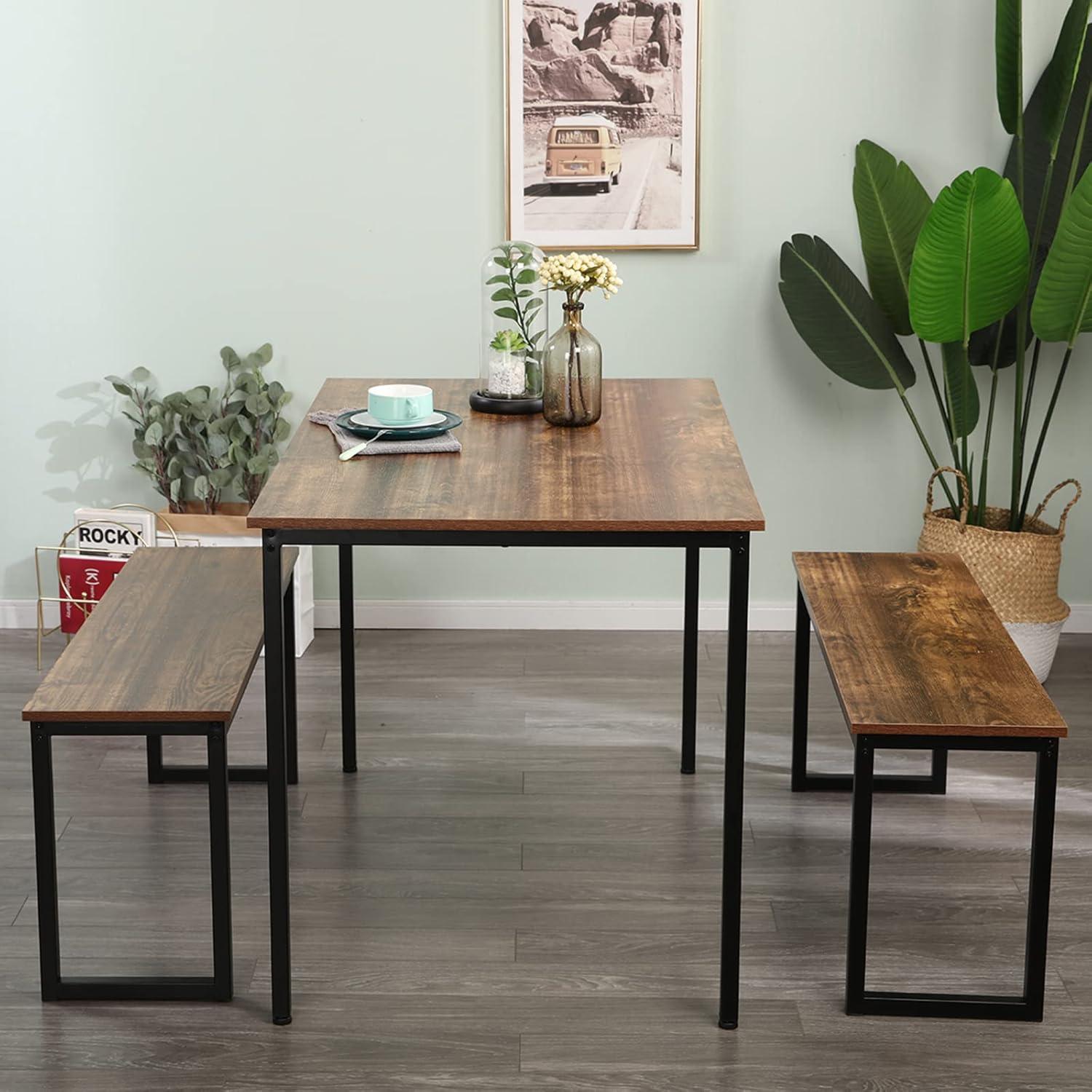SogesPower Modern Dining Table Set with 2 Benches, 3 Piece Dining Table Set- White