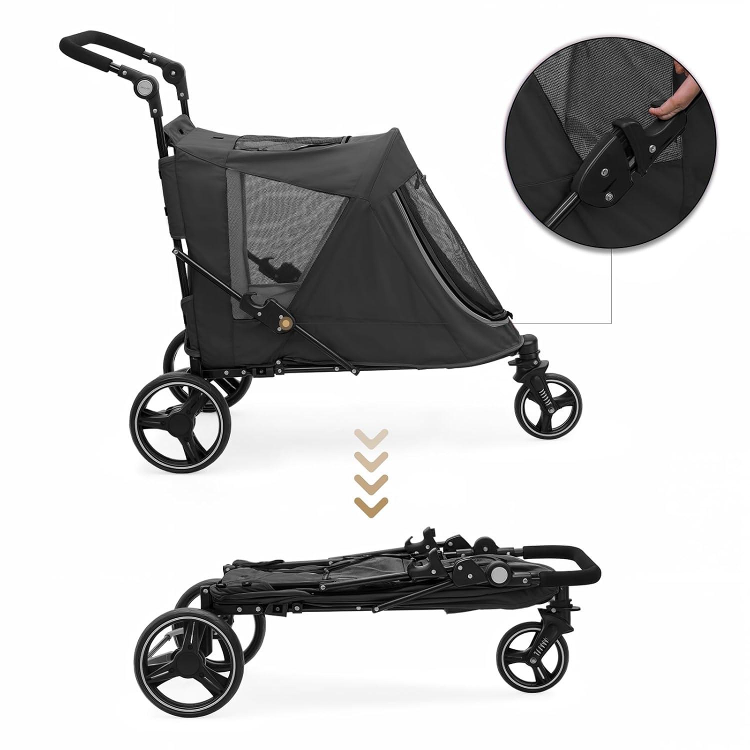Folding 3 Wheel Pet Stroller, Foldable Dog Jogger Stroller with Adjustable Handlebar and Mesh Window