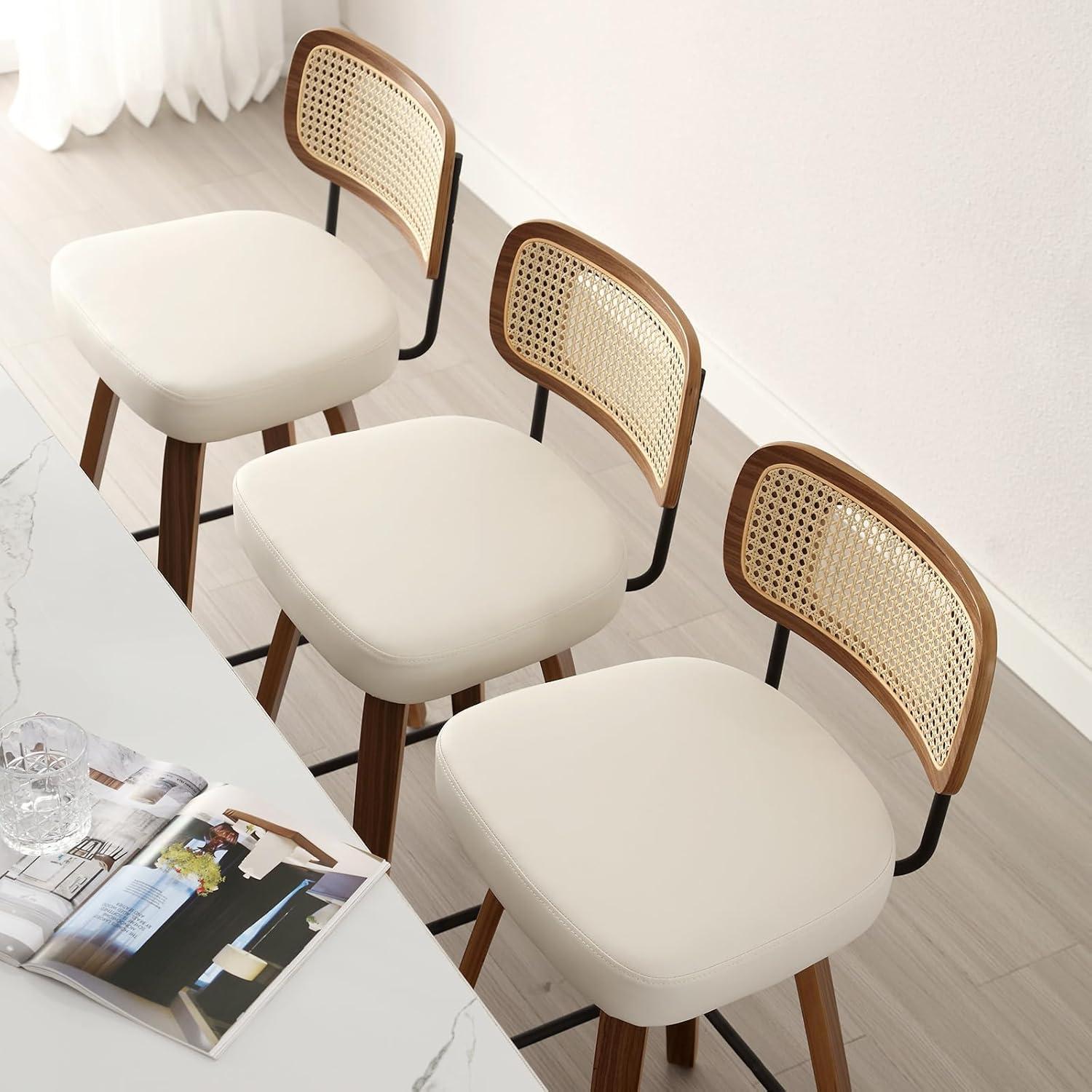 INKEDZ Swivel Counter Height Bar Stools Set of 3, Upholstered Faux Leather Barstools with Rattan Back, 26" Seat Height Bar Chairs for Kitchen Island, Bentwood Wood Frame, Cream White