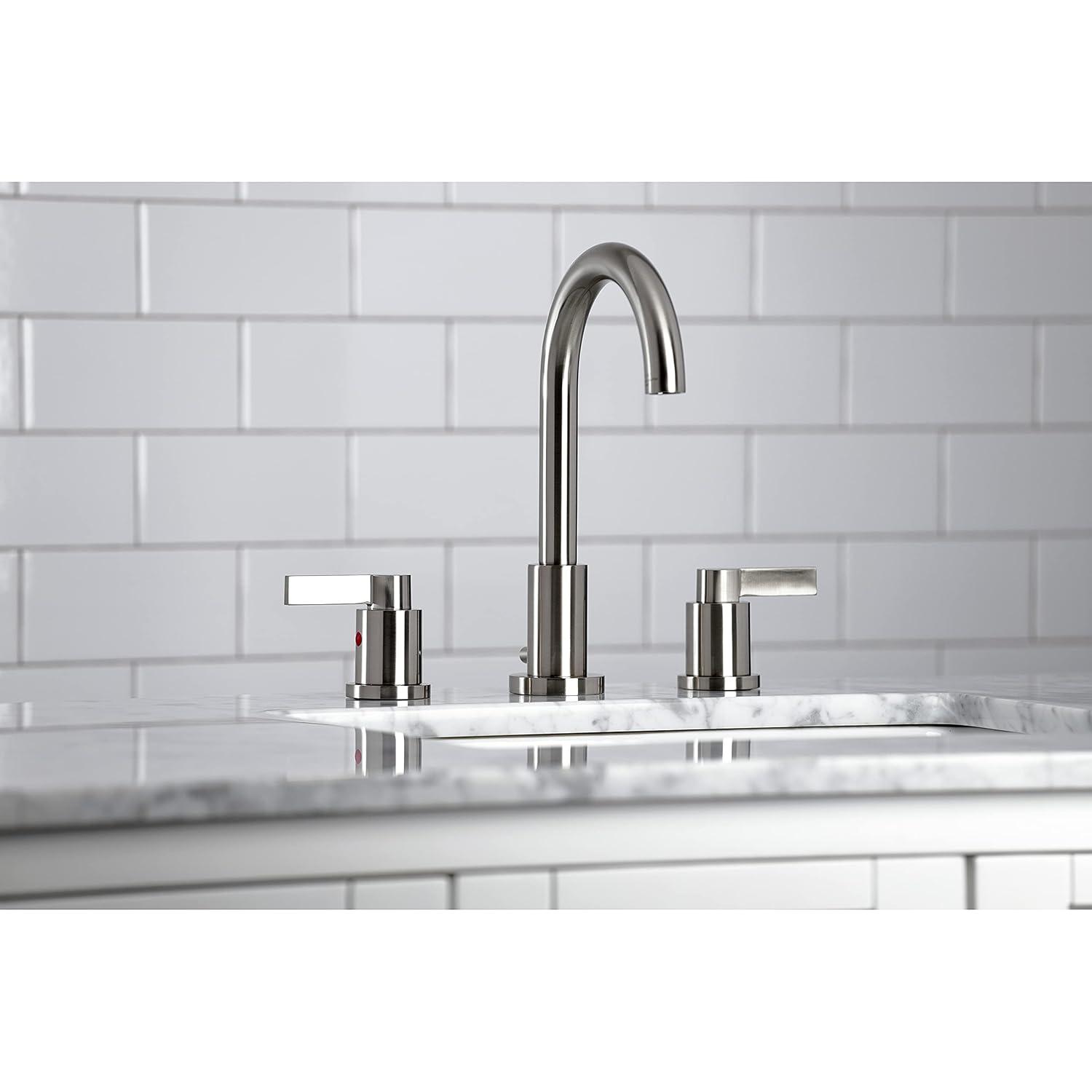Kingston Brass NuvoFusion Two-Handle 3-Hole Deck Mount Widespread Bathroom Faucet with Brass Pop-Up Drain