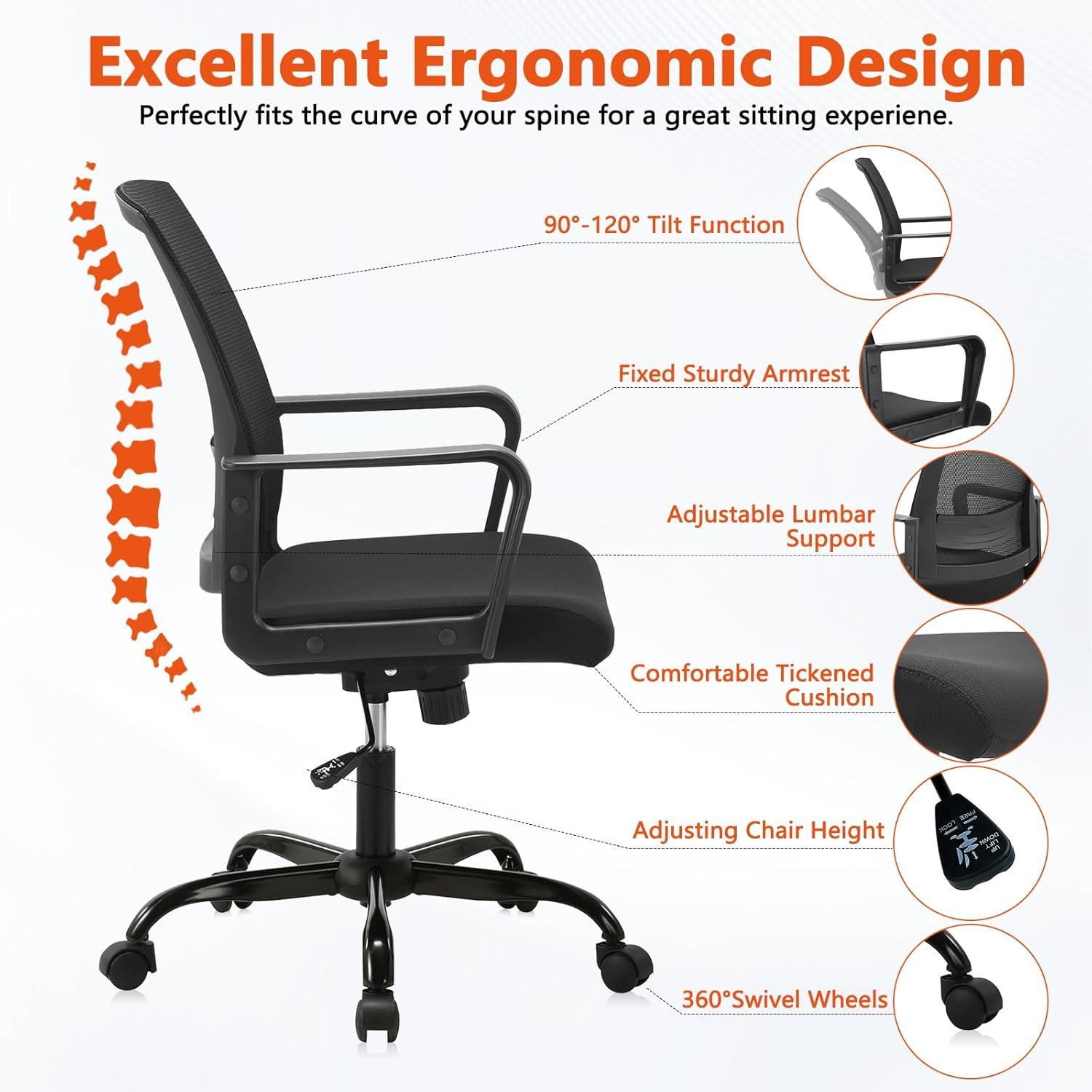 CLATINA Ergonomic Rolling Mesh Desk Chair with Executive Lumbar Support and Adjustable Swivel Design for Home Office Computer BIFMA Certified Black 2Pack