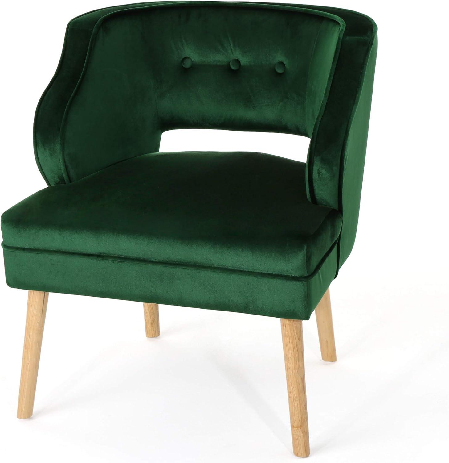 Emerald Green Velvet Scandinavian Accent Chair with Rubberwood Legs