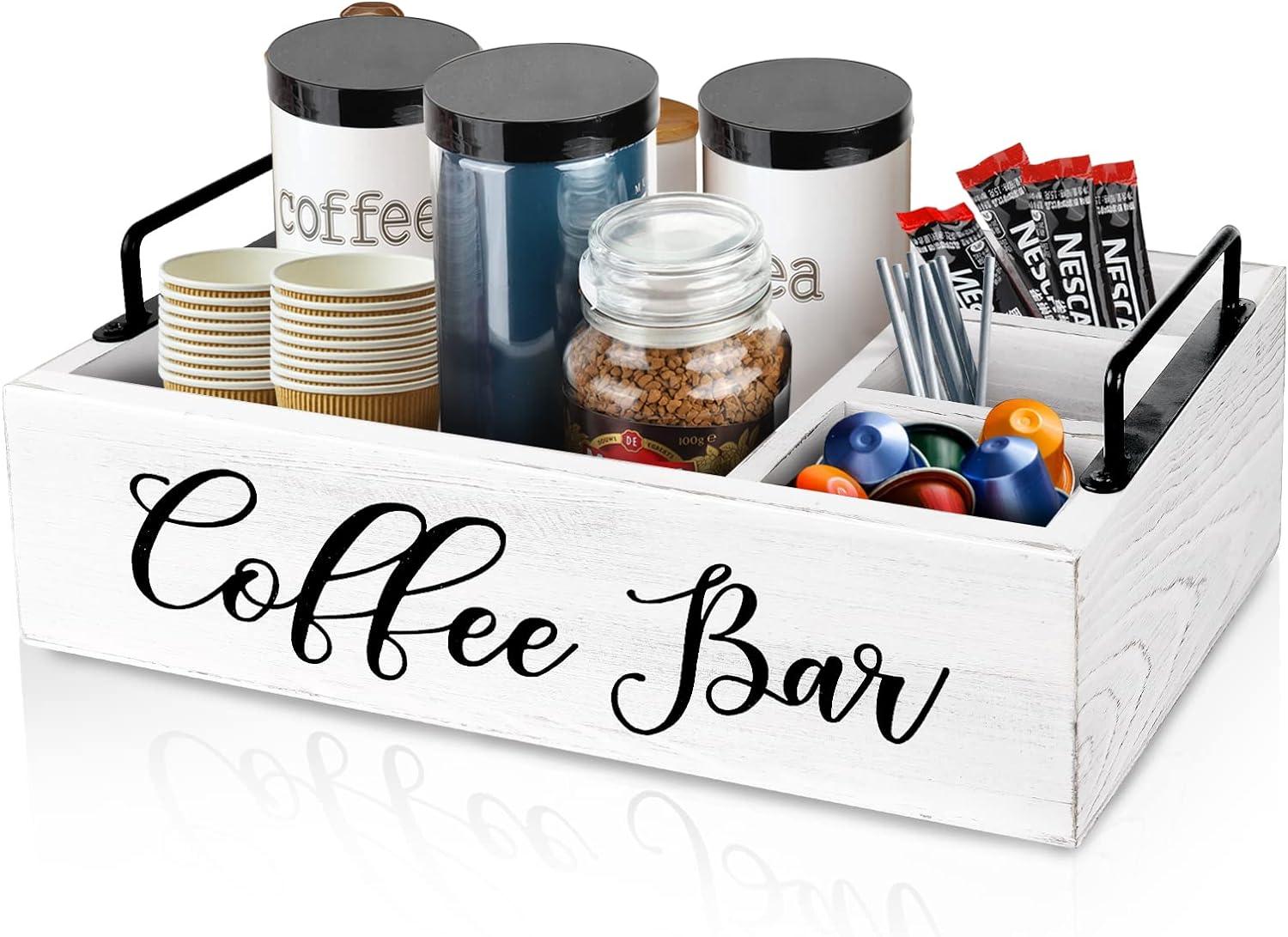 Coffee Station Organizer Wooden Coffee Bar Accessories Organizer for Countertop, Farmhouse Kcup Coffee Pod Holder Storage Basket Coffee Bar Organizer - White